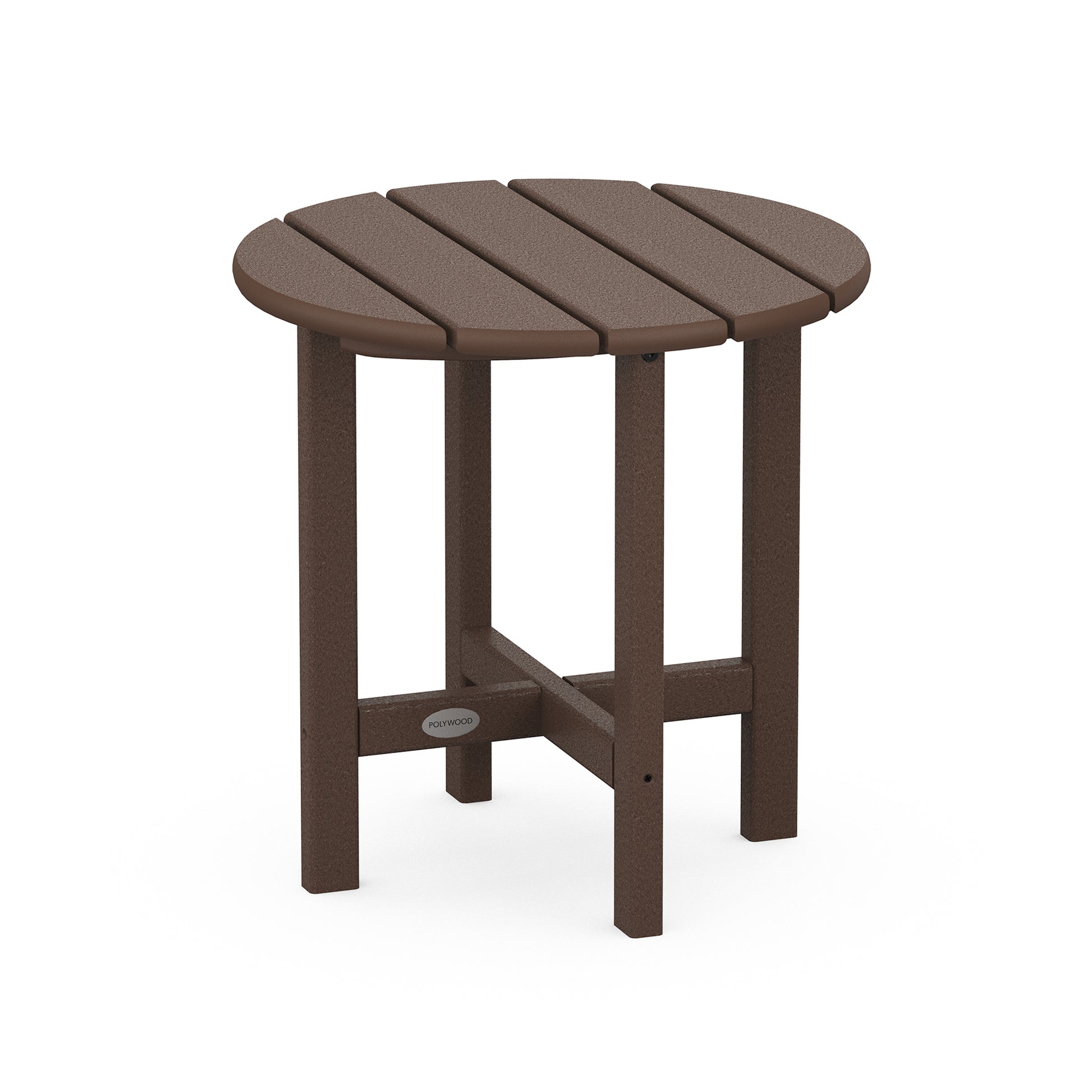 A small, round POLYWOOD® outdoor table with a slatted top and four sturdy legs, constructed from textured brown plastic. The POLYWOOD 18" Round Side Table is designed for durability and easy maintenance.