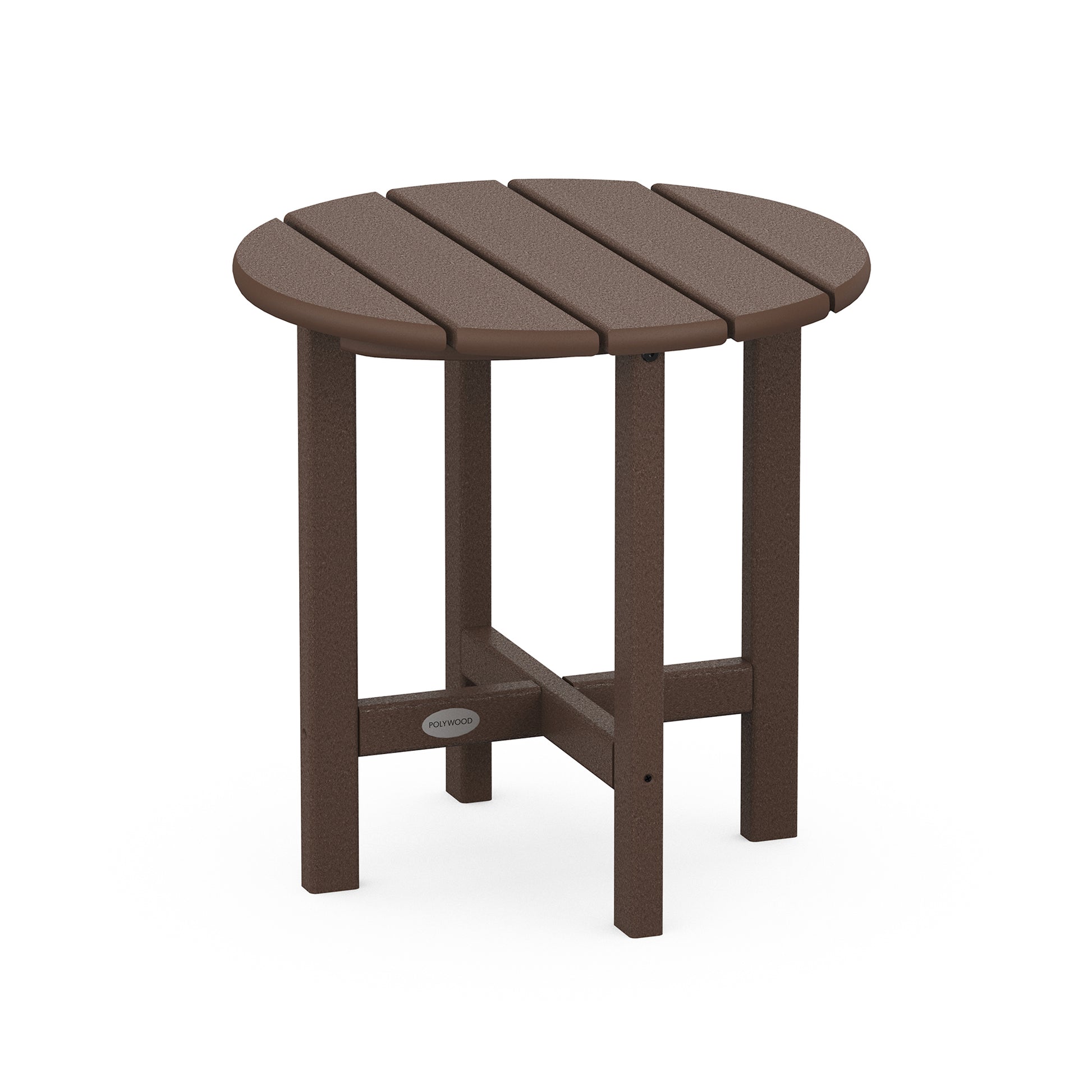 Brown POLYWOOD 18" round side table with a slatted top and four sturdy legs, ideal for outdoor use.