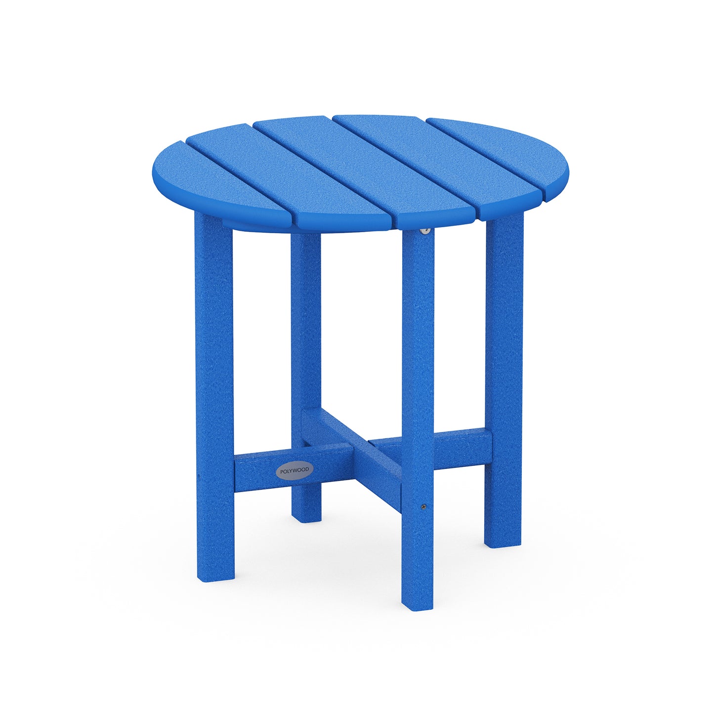 Blue POLYWOOD 18" round side table with four legs and slatted tabletop design.