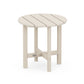 Round POLYWOOD® 18" Round Side Table made of beige recycled plastic, featuring six slats on top and supported by four vertical legs connected by a lower square frame. It is set against a plain white background.