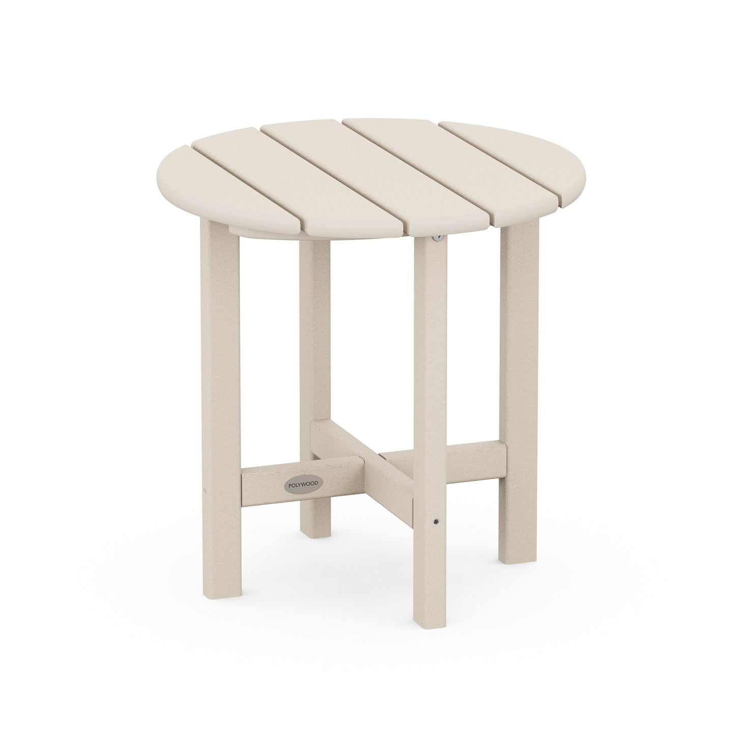 Beige POLYWOOD 18" Round Side Table with a slatted design, four sturdy legs, and a durable support crossbar.