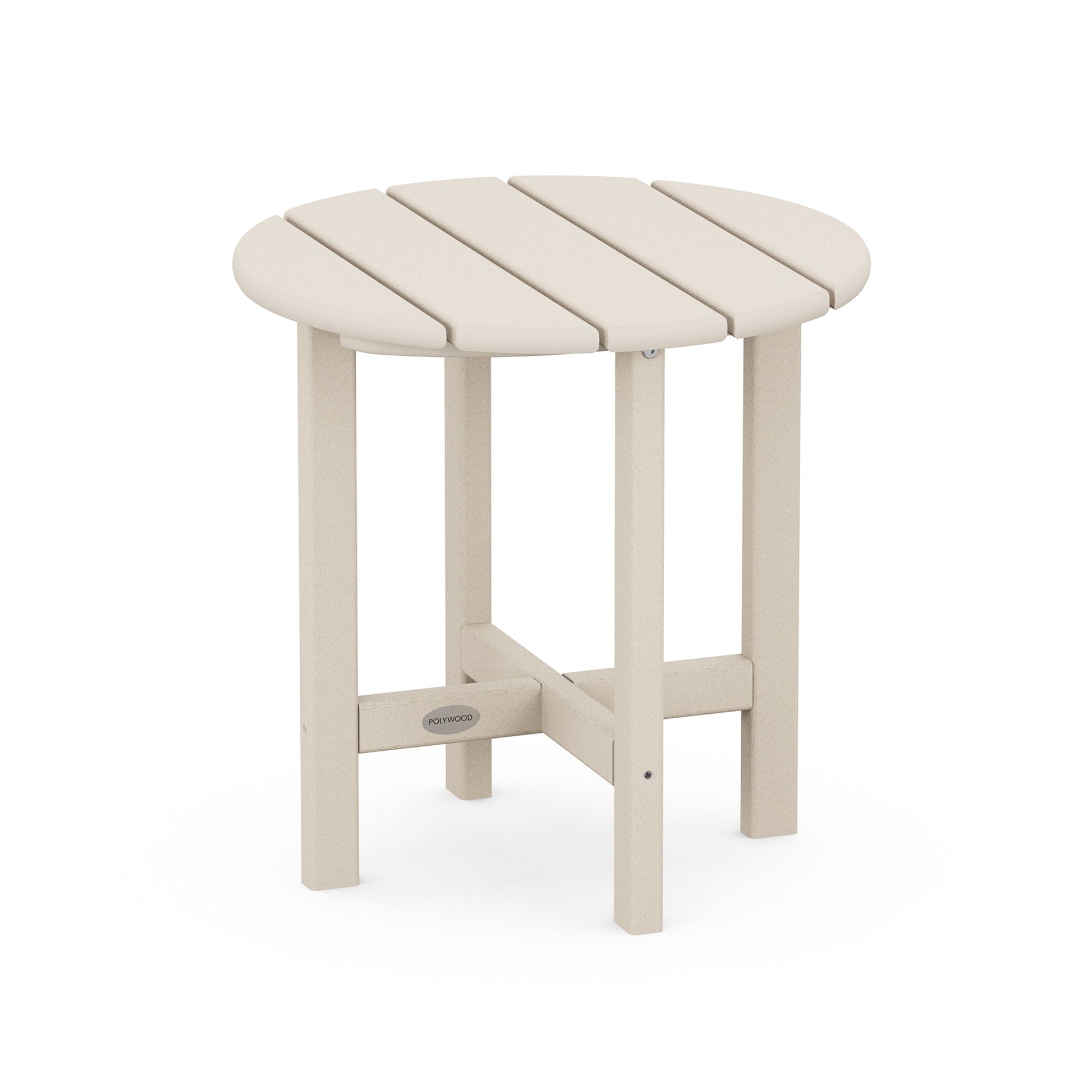 Beige POLYWOOD 18" Round Side Table with a slatted design, four sturdy legs, and a durable support crossbar.