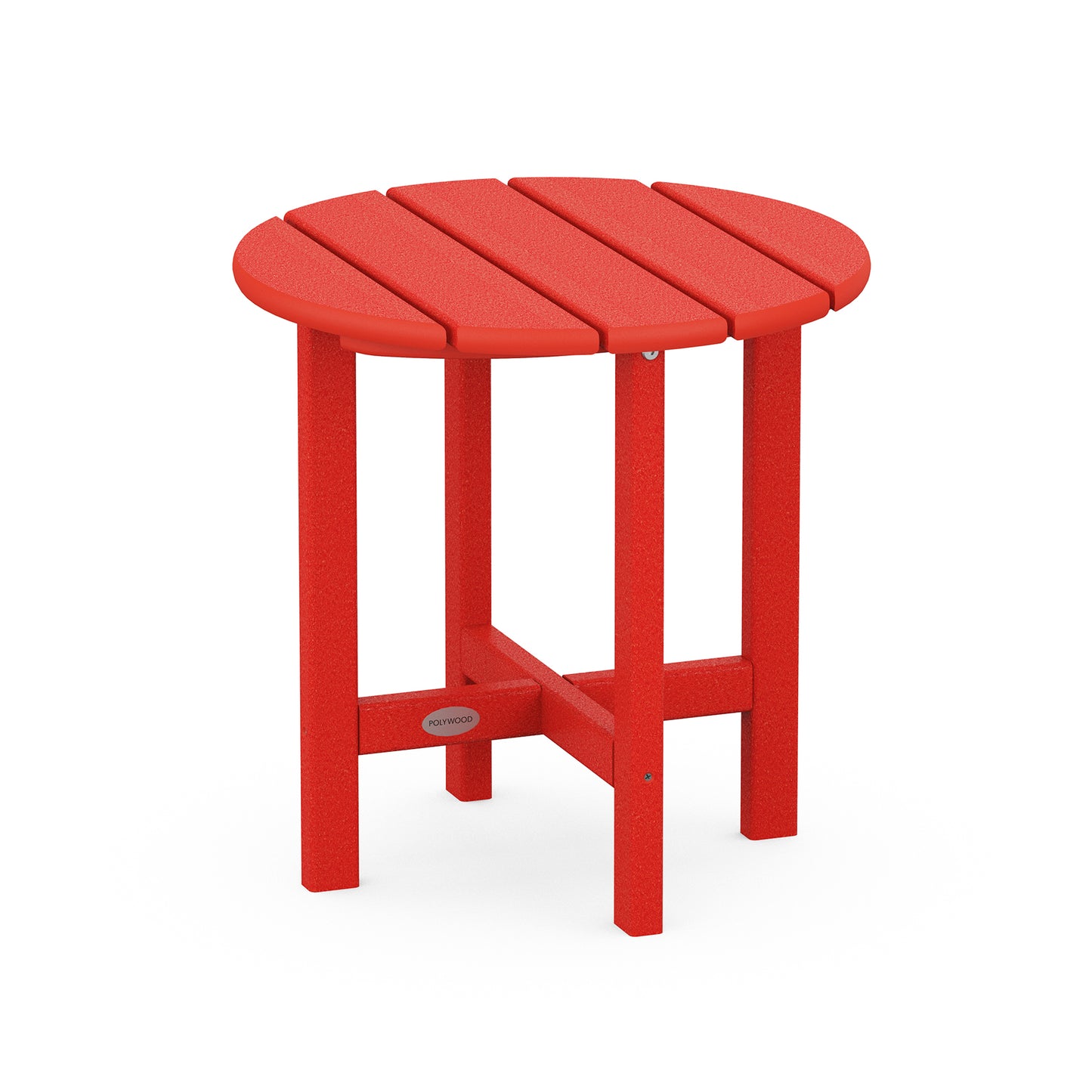 A small red POLYWOOD® 18" Round Side Table with a slatted round top and sturdy legs, isolated on a white background.