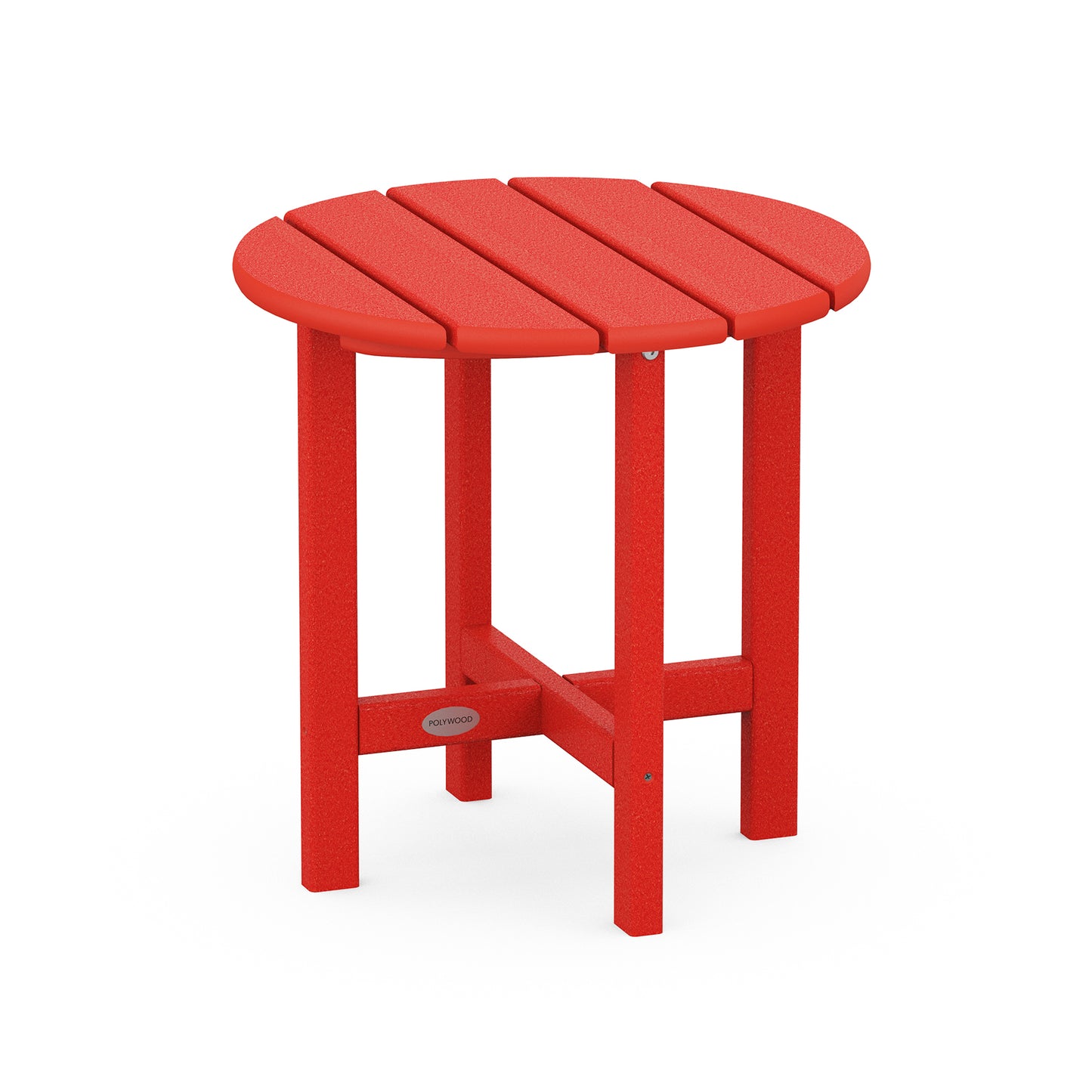 Red slatted POLYWOOD 18" round side table with a sturdy and weather-resistant design.