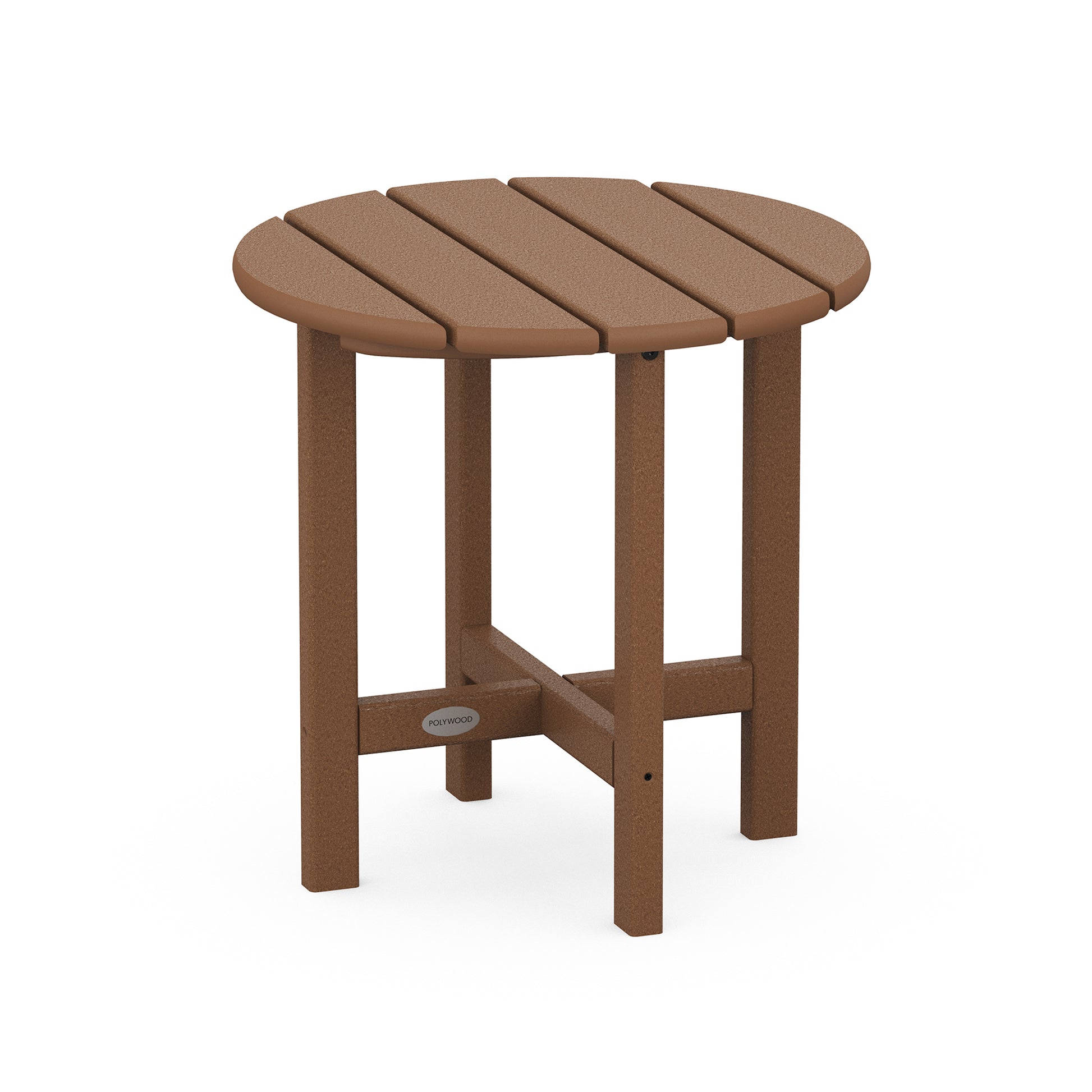 A small, round, brown POLYWOOD® 18" Round Side Table made of plastic slats with four sturdy legs, isolated on a white background.