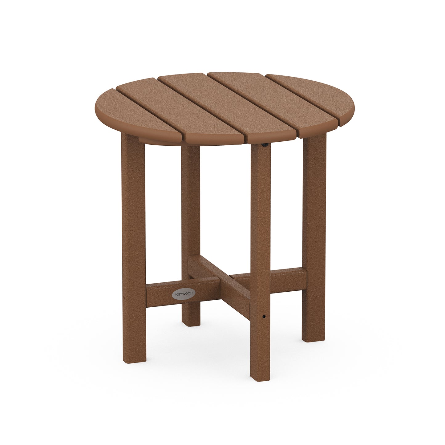 POLYWOOD 18" Round Side Table, featuring a slatted brown top and robust legs for outdoor durability.