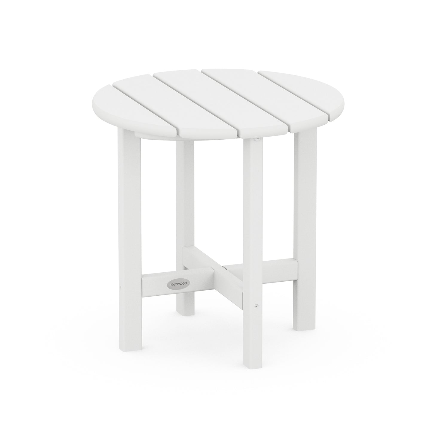 Small round POLYWOOD 18" white side table with slatted tabletop and sturdy four-leg cross-support design.