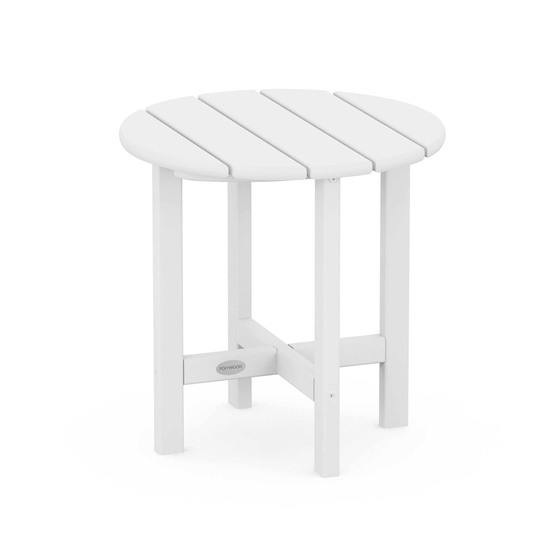 Small round POLYWOOD 18" white side table with slatted tabletop and sturdy four-leg cross-support design.