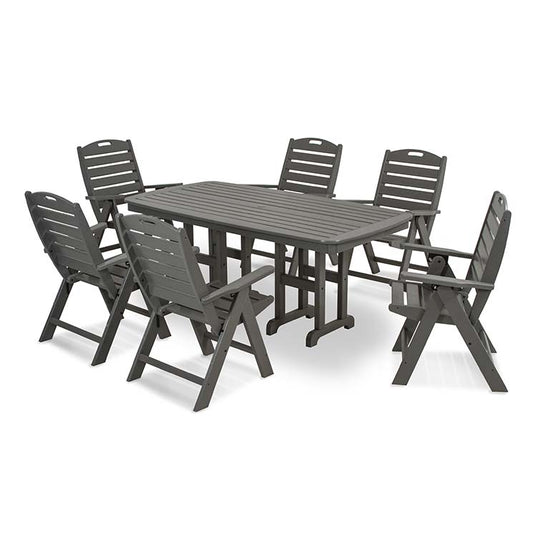 A gray POLYWOOD Nautical 7-Piece Dining Set - Slate Grey - Floor Model table and chairs on a white background.