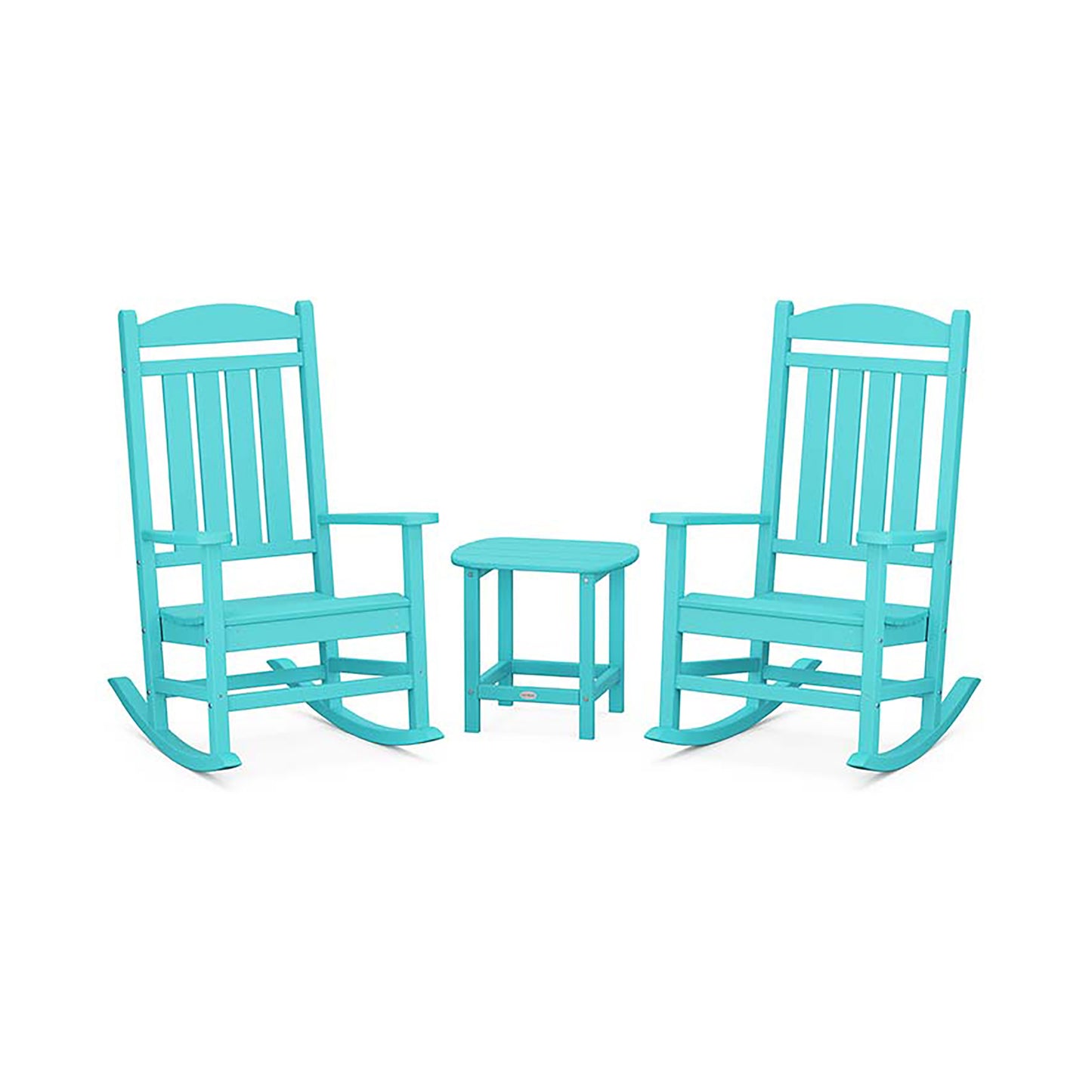 POLYWOOD Presidential 3-Piece Set featuring two elegant rocking chairs and a matching small table.
