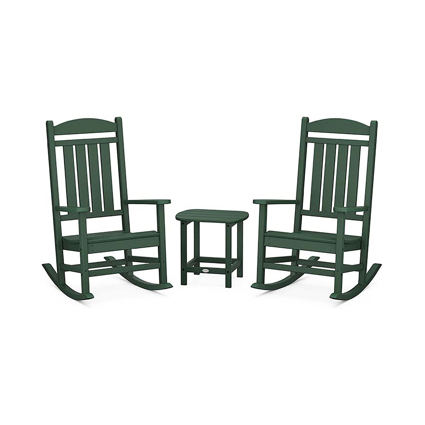 POLYWOOD Presidential 3-Piece Set featuring two green rockers and a matching small table.