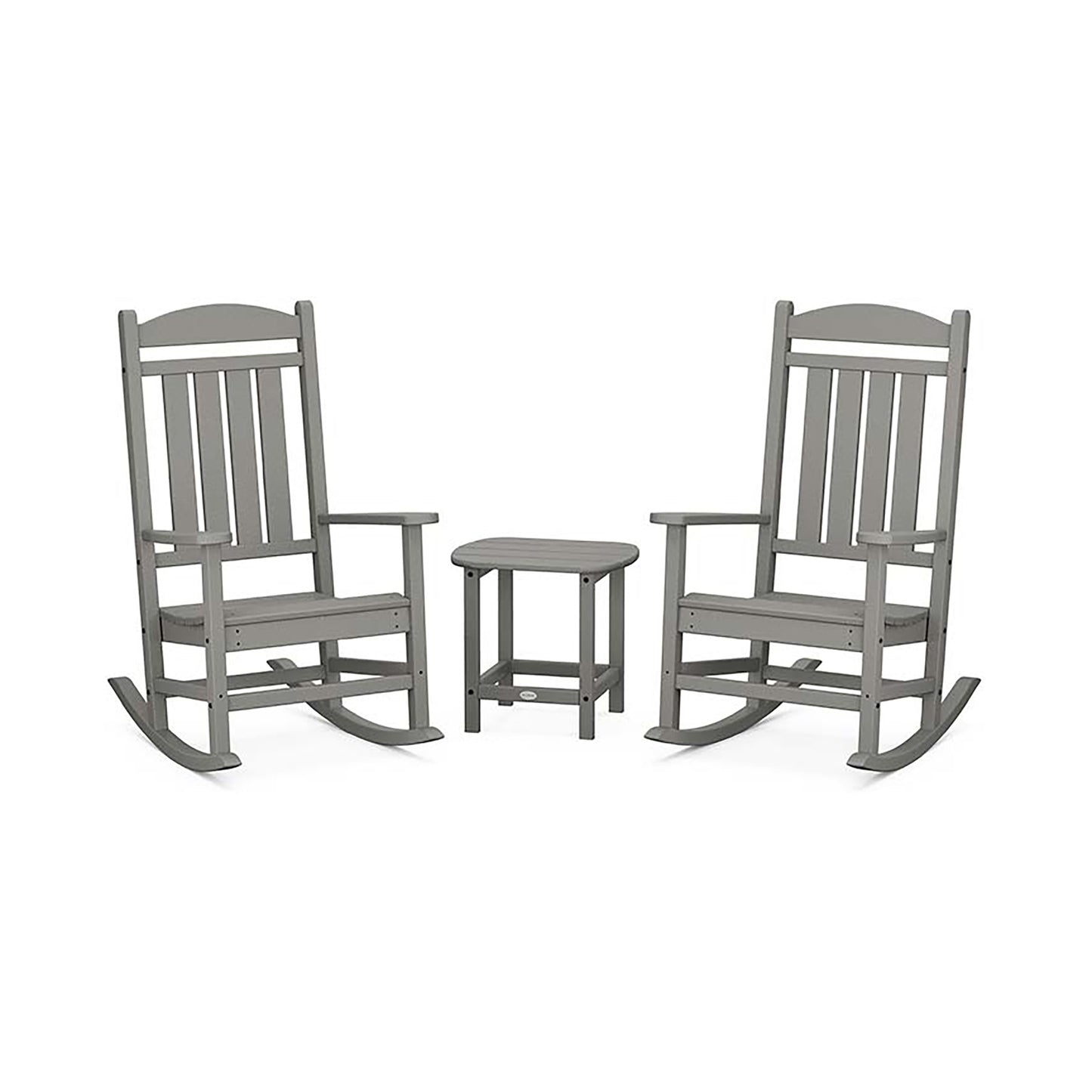 Gray slatted POLYWOOD® Lumber Presidential rockers and round table set.