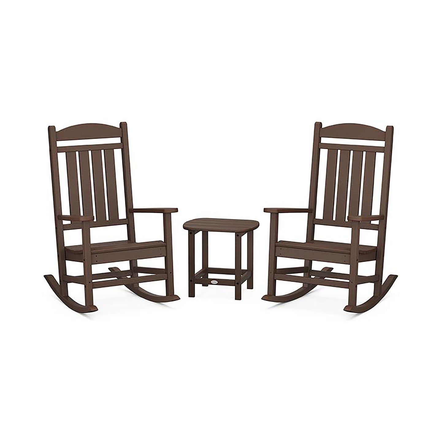 Dark brown POLYWOOD Presidential Outdoor 3-Piece Set featuring two rocking chairs and a coordinating table.