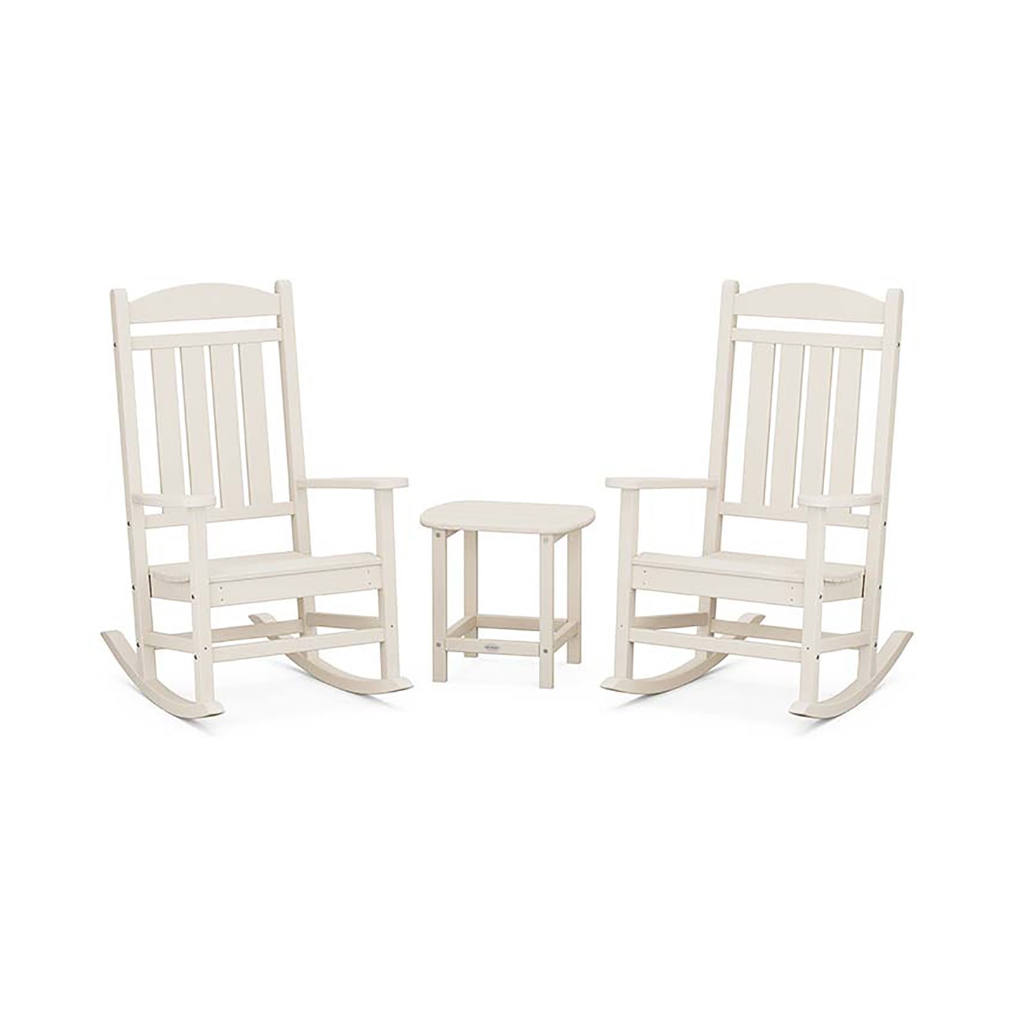Beige wooden rocking chairs and round table from the POLYWOOD Presidential 3-Piece Set.