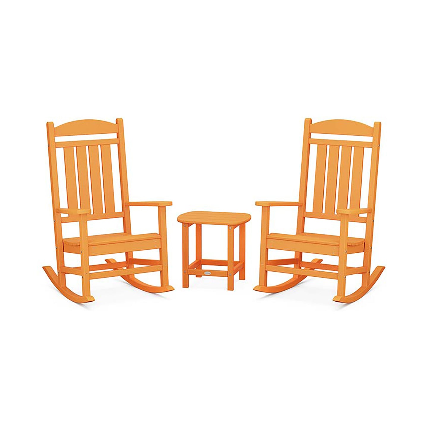 Two orange POLYWOOD Presidential Outdoor Rocking Chairs with a matching side table.