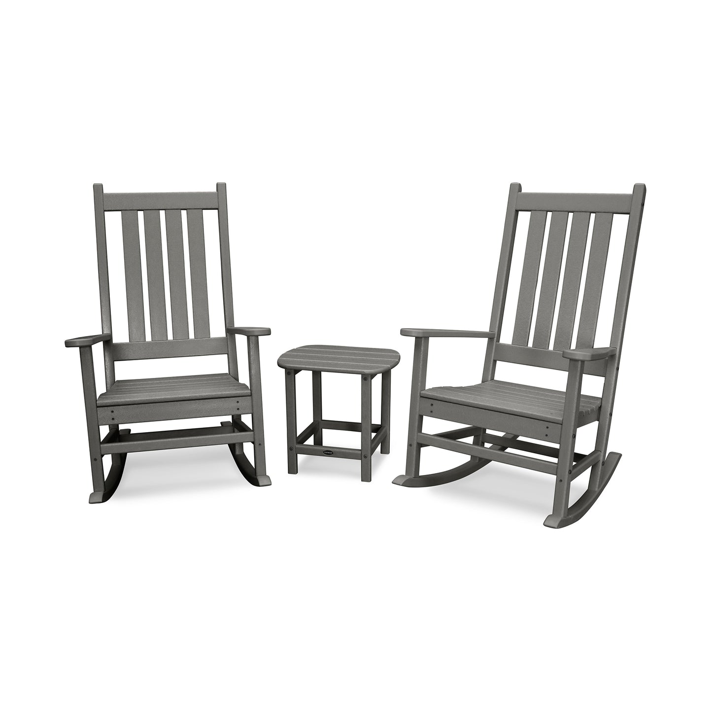 POLYWOOD Vineyard 3-Piece Rocking Set with two gray chairs and a matching side table made from durable POLYWOOD lumber.