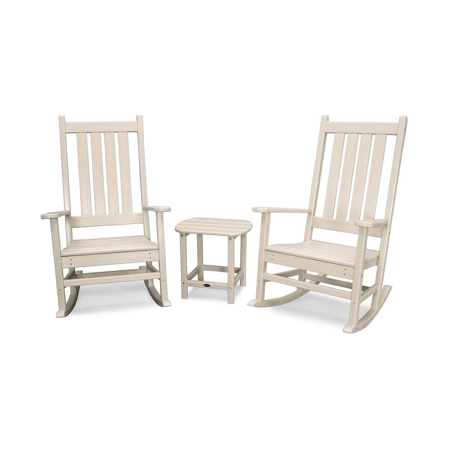POLYWOOD Vineyard 3-Piece Rocking Set with two slatted-back rocking chairs and a small round table.
