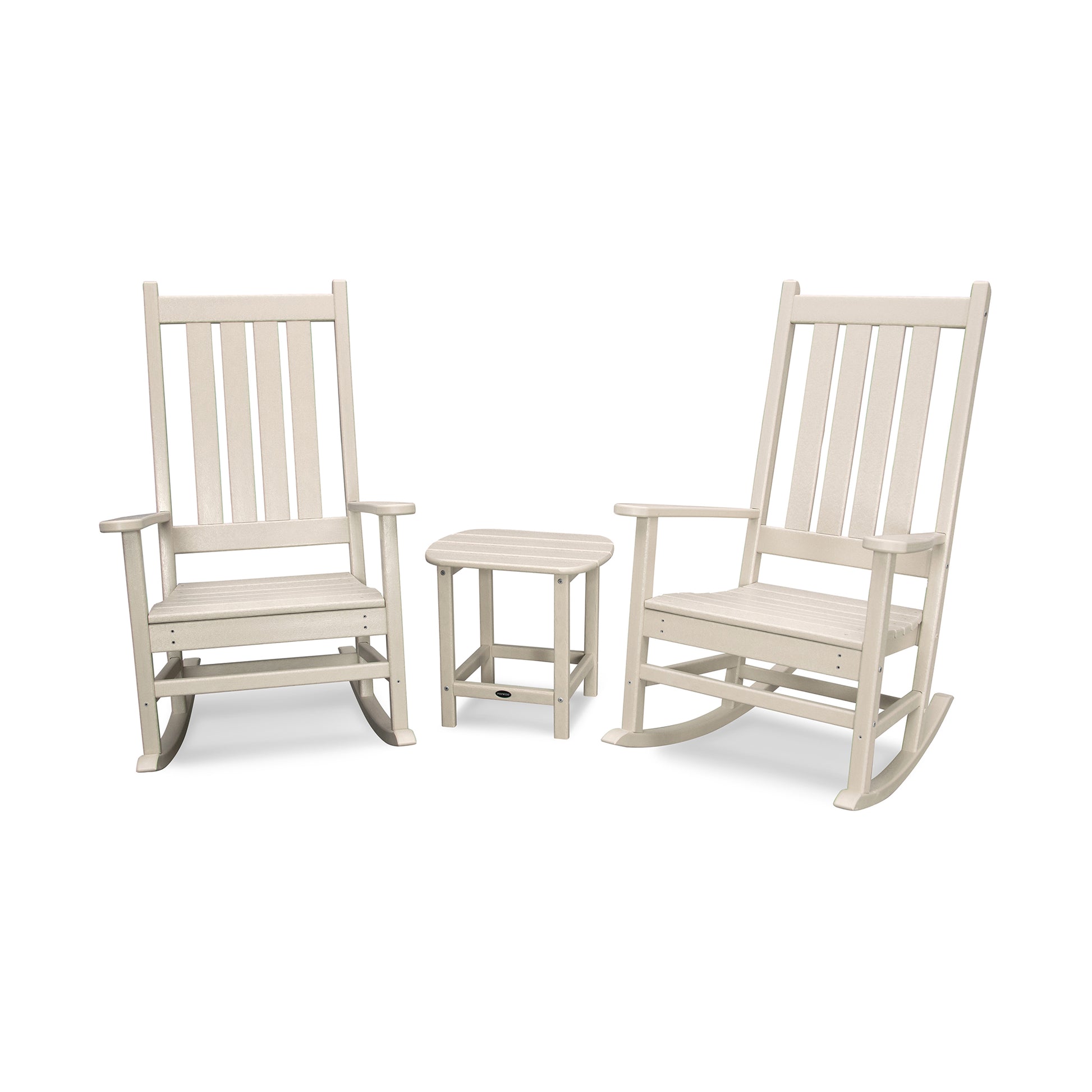 POLYWOOD Vineyard 3-Piece Rocking Set with two slatted-back rocking chairs and a small round table.