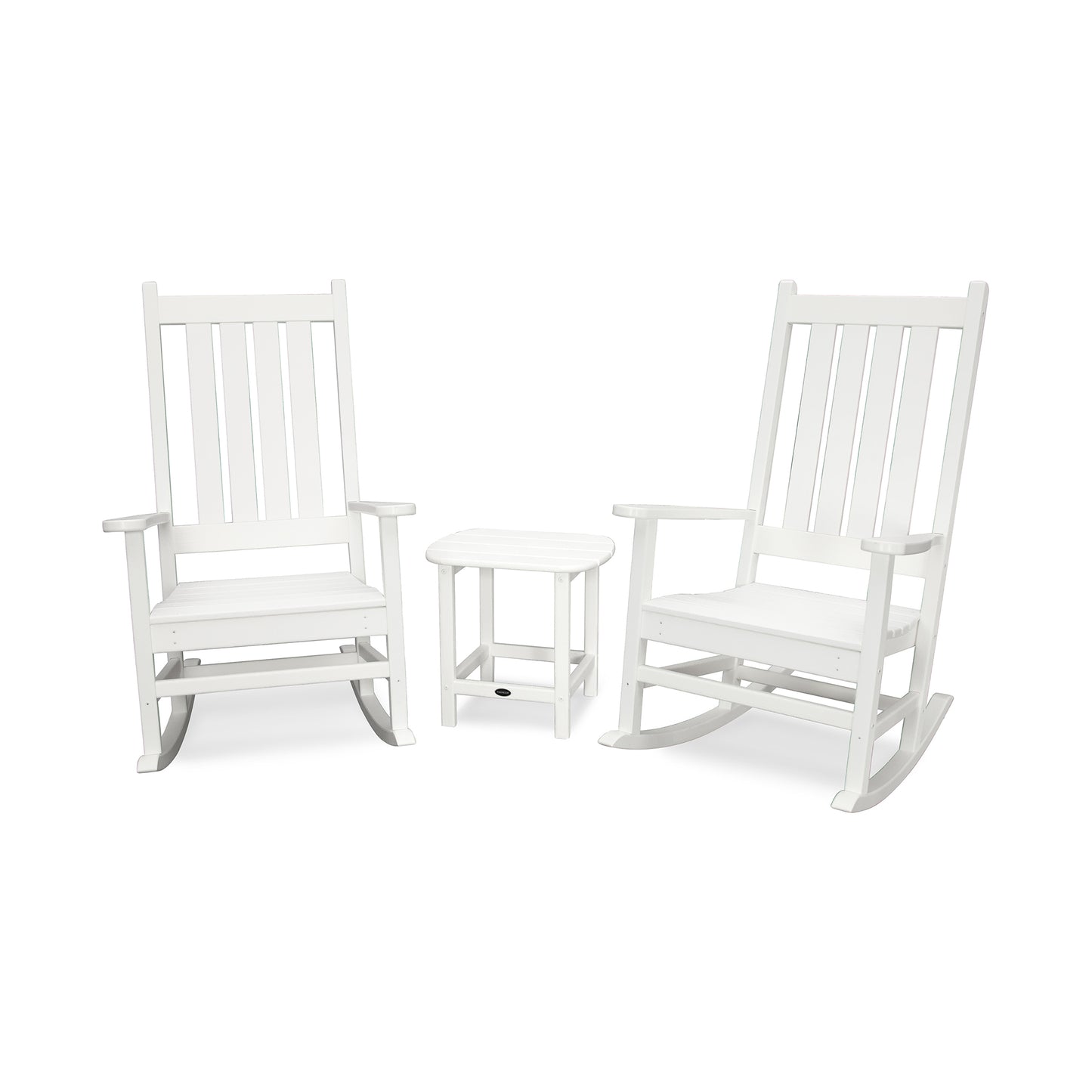 POLYWOOD Vineyard 3-Piece Rocking Set featuring two elegant white rocking chairs and a matching table.