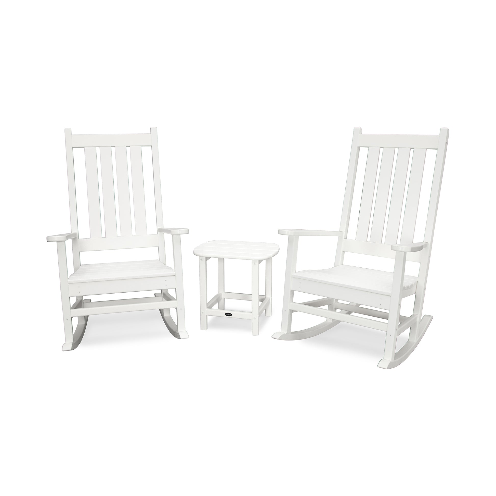 POLYWOOD Vineyard 3-Piece Rocking Set featuring two elegant white rocking chairs and a matching table.