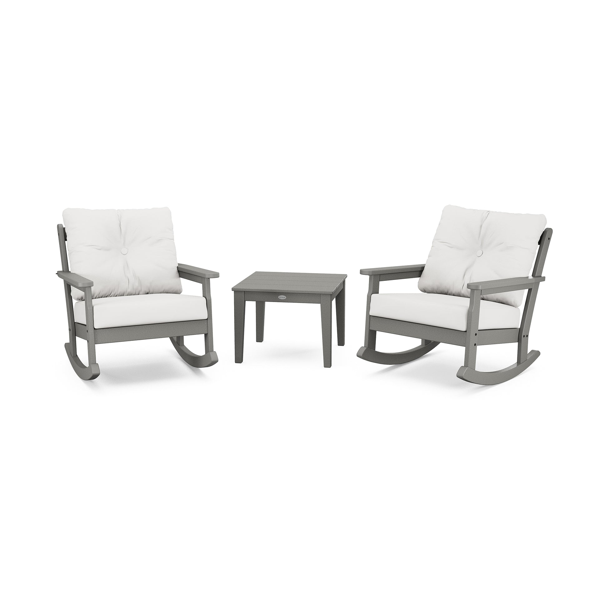 Two gray POLYWOOD Vineyard 3-Piece Deep Seating Rocker Sets with white cushions and a matching gray side table on a white background.