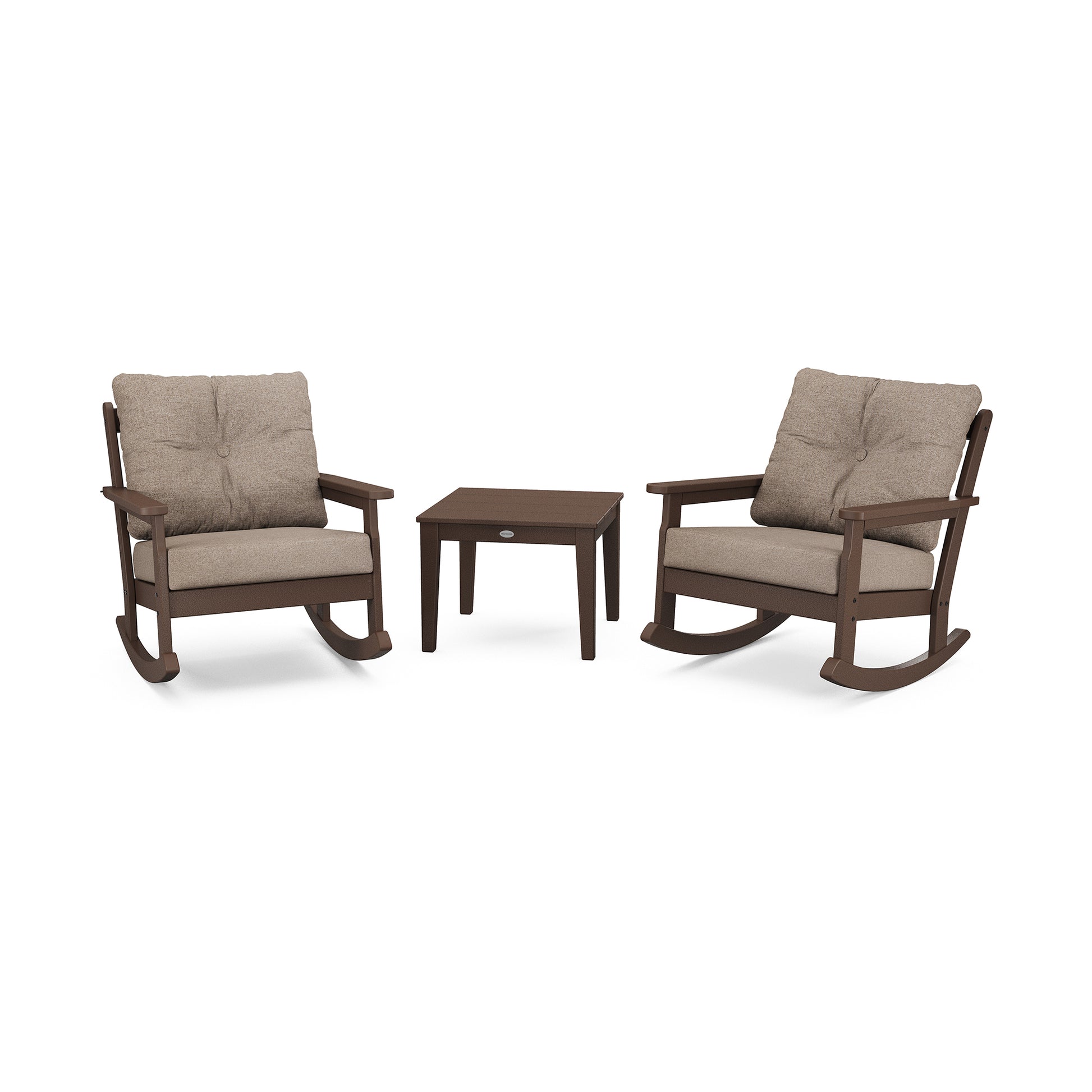 Two brown POLYWOOD Vineyard 3-Piece Deep Seating Rocker Sets with beige cushions and a small brown side table, displayed on a white background.