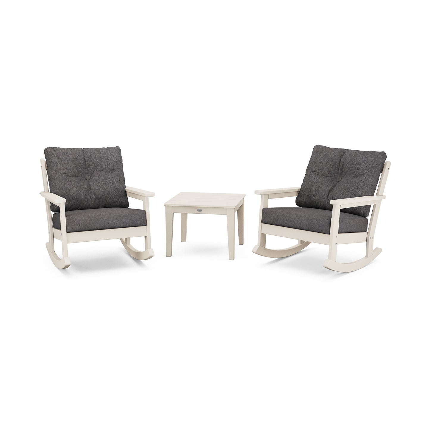 Two white rocking chairs with gray cushions from the POLYWOOD Vineyard 3-Piece Deep Seating Rocker Set, set on either side of a small white table, isolated on a white background.