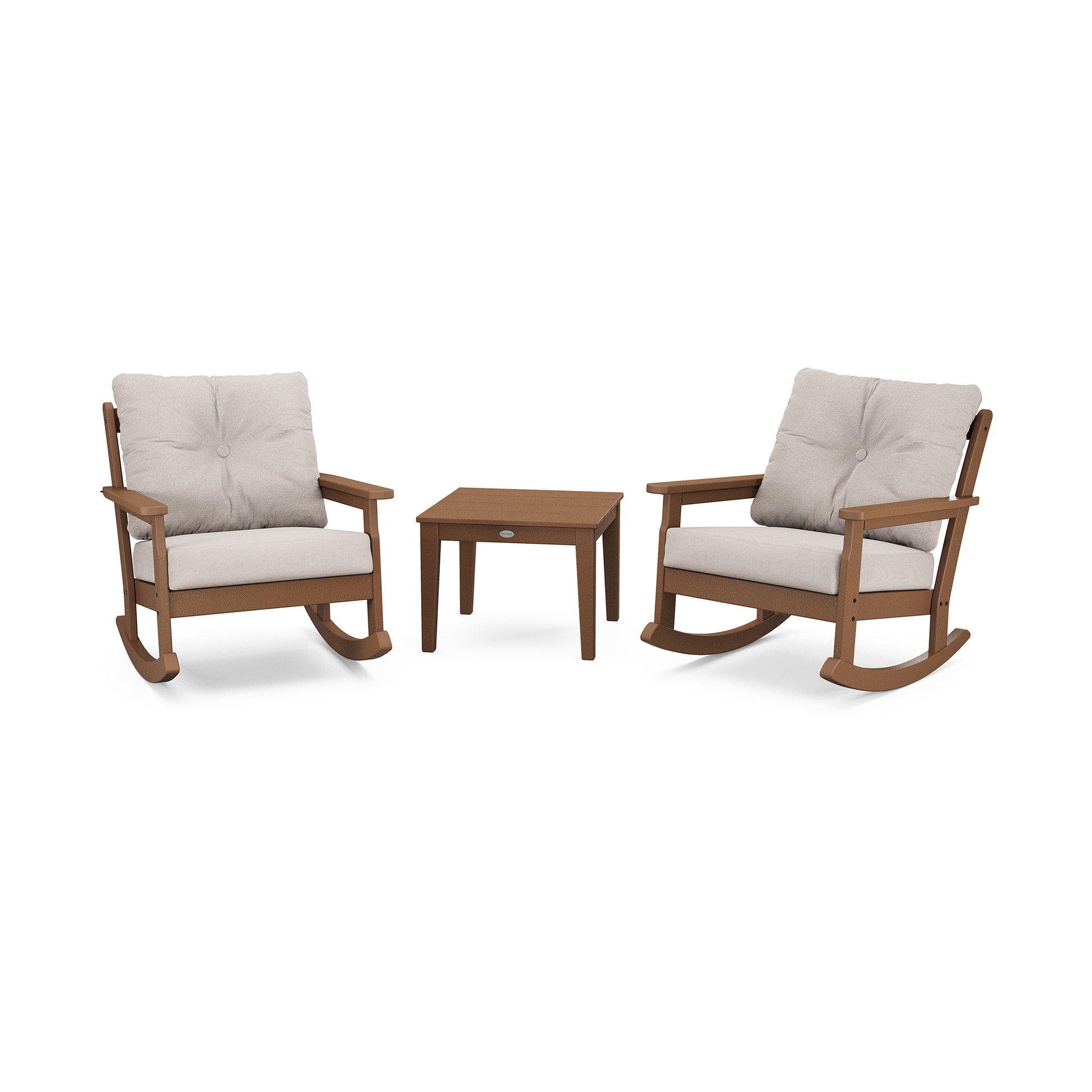 Two POLYWOOD Vineyard 3-Piece Deep Seating Rocker Sets with beige cushions flanking a small square wooden side table, all set on a plain white background.