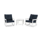 Two white POLYWOOD Vineyard 3-Piece Deep Seating Rocker Sets with dark blue cushions and a small white side table between them, set against a plain white background.