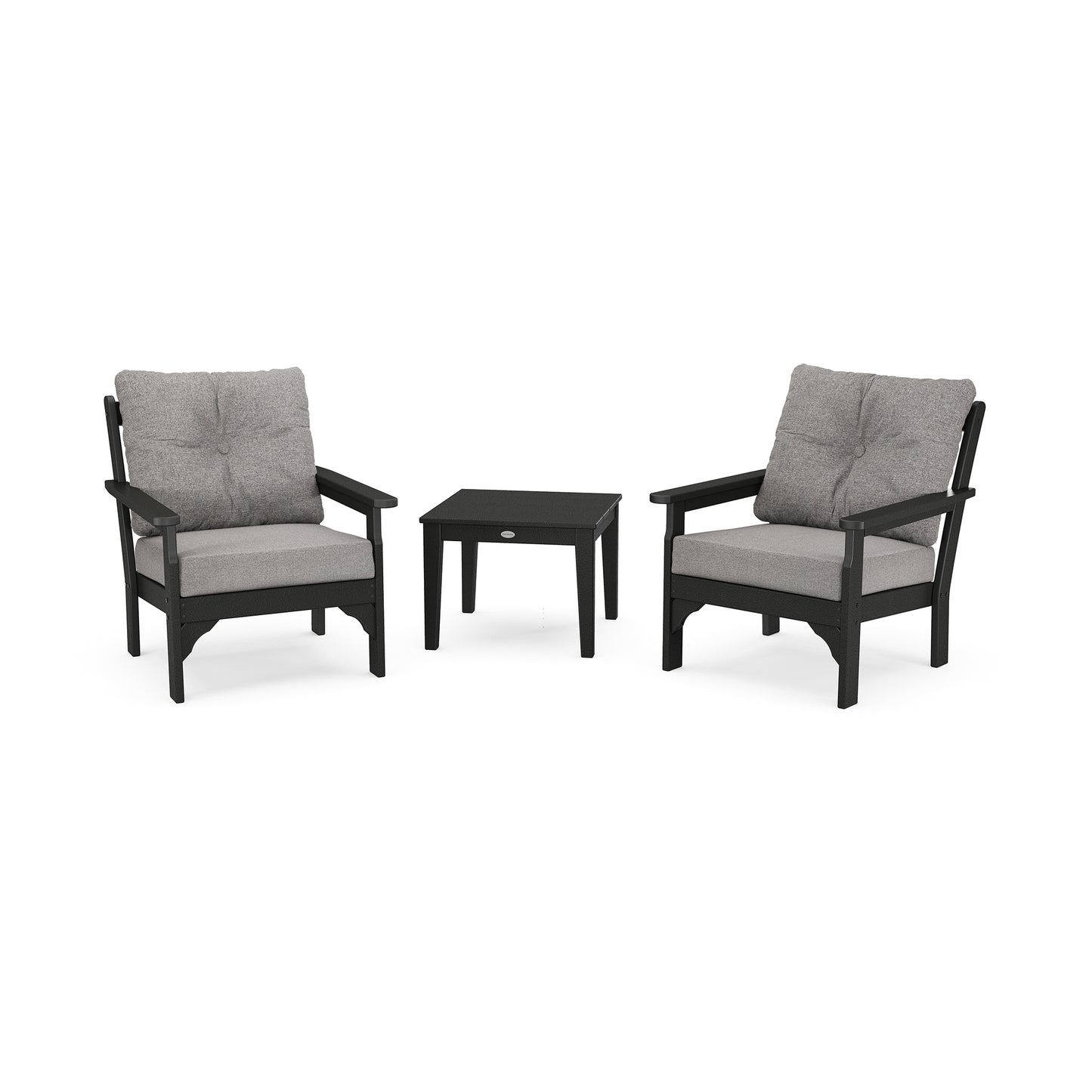 Two POLYWOOD Vineyard 3-Piece Deep Seating Sets with deep seating cushions and a matching side table, set against a plain white background.