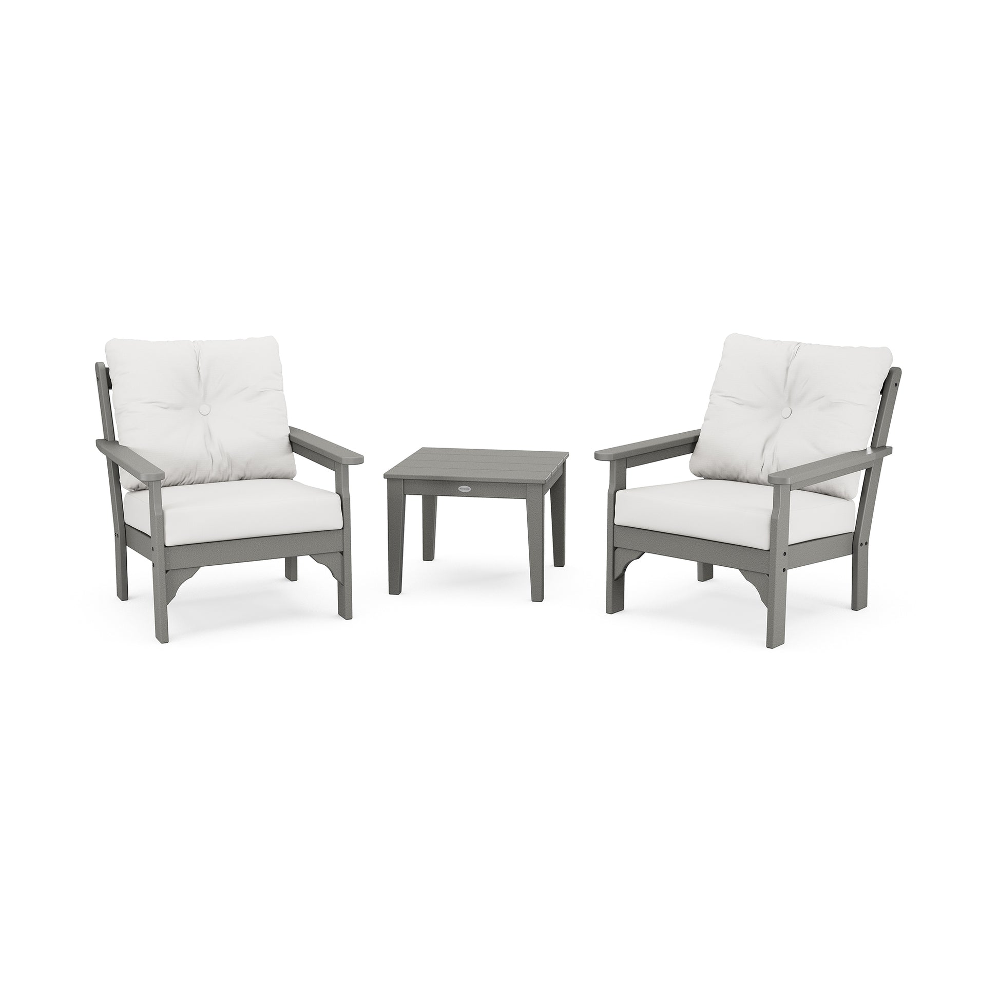 Two gray POLYWOOD Vineyard 3-Piece Deep Seating Sets with white deep seating cushions positioned on either side of a small matching gray table, all against a plain white background.