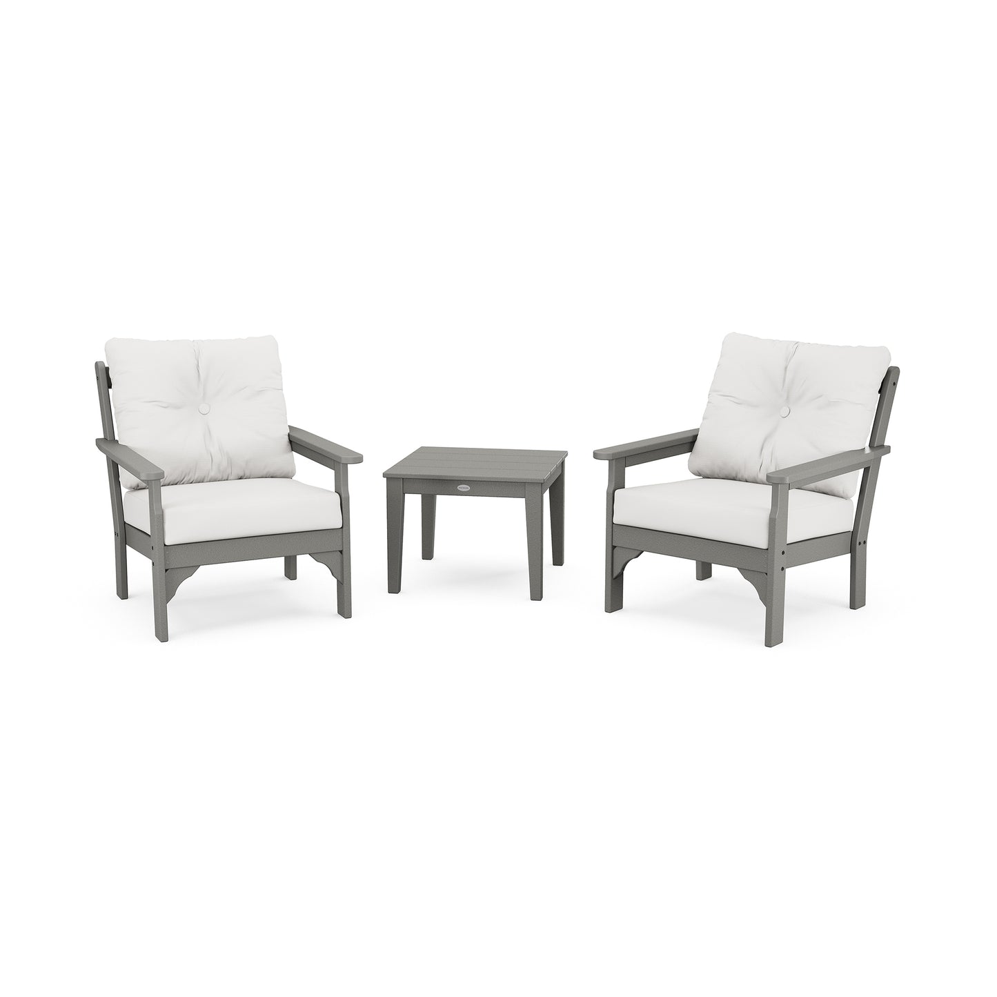 POLYWOOD Vineyard 3-Piece Deep Seating Set featuring two elegant gray armchairs with plush white cushions and a coordinated table.