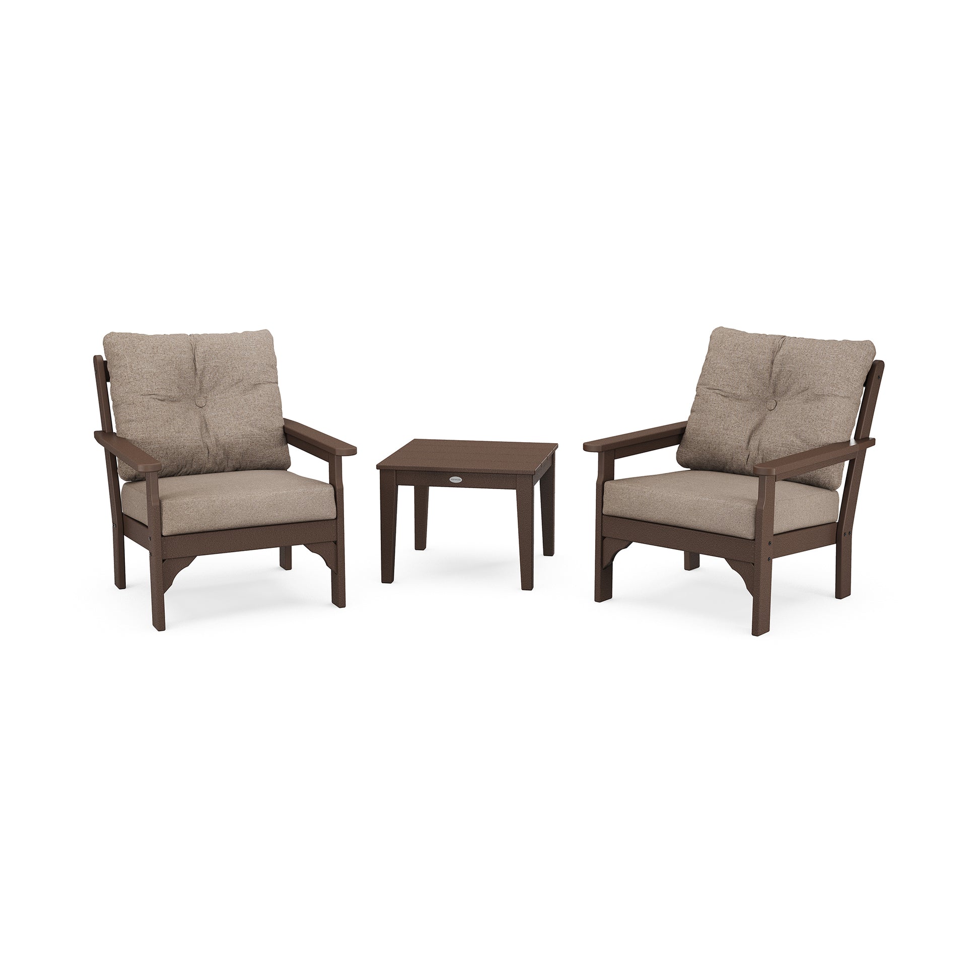 Two brown POLYWOOD Vineyard outdoor armchairs with beige deep seating cushions paired with a small matching brown side table, displayed on a white background.