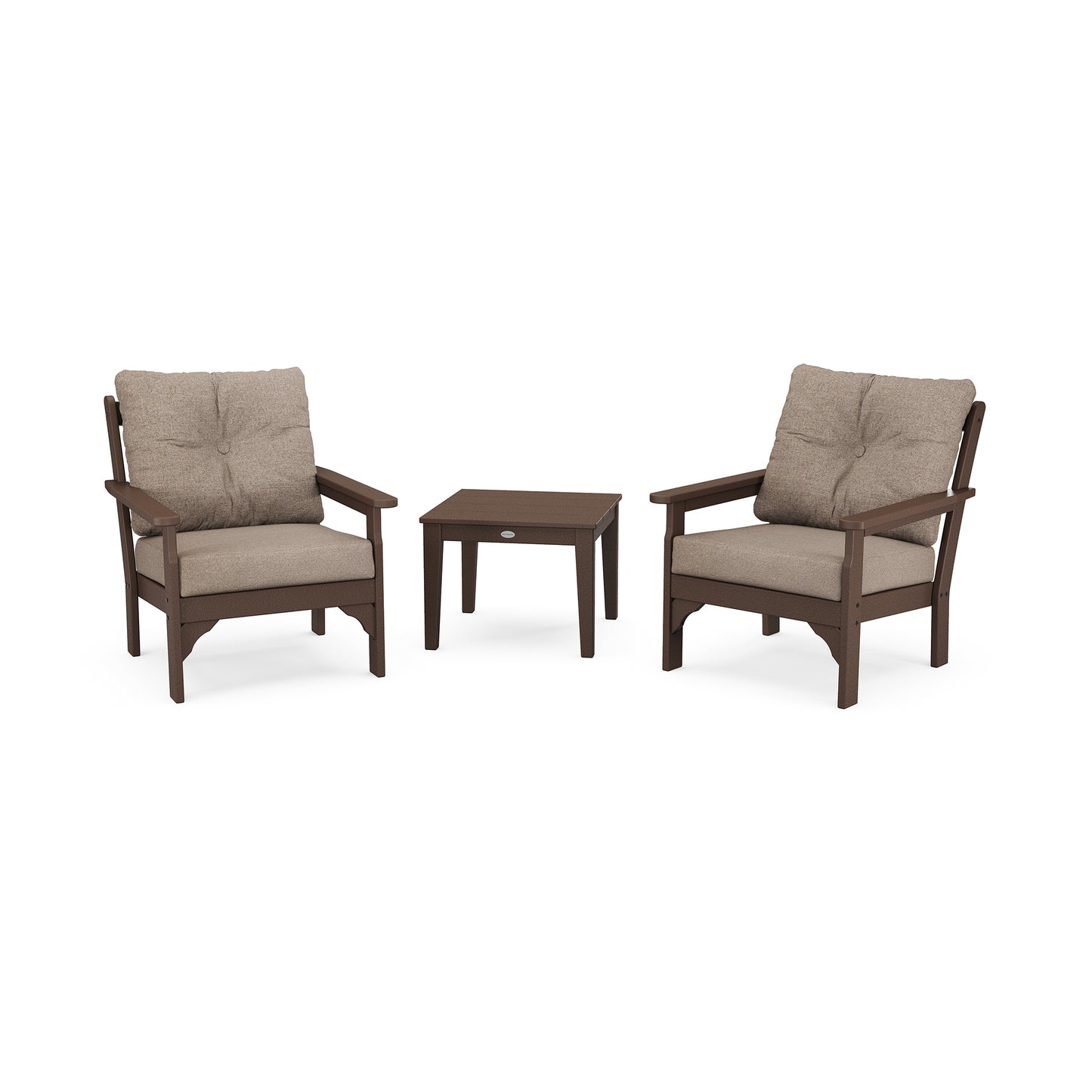 POLYWOOD Vineyard 3-Piece Deep Seating Set with two cushioned chairs and coordinating table.