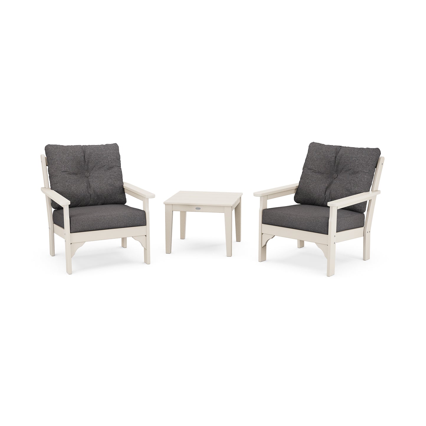 White POLYWOOD Vineyard Deep Seating chairs with gray cushions and matching small table.