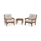 Two POLYWOOD Vineyard beige upholstered patio chairs with deep seating cushions and brown wooden frames positioned on either side of a matching small square wooden table, all against a plain white background.