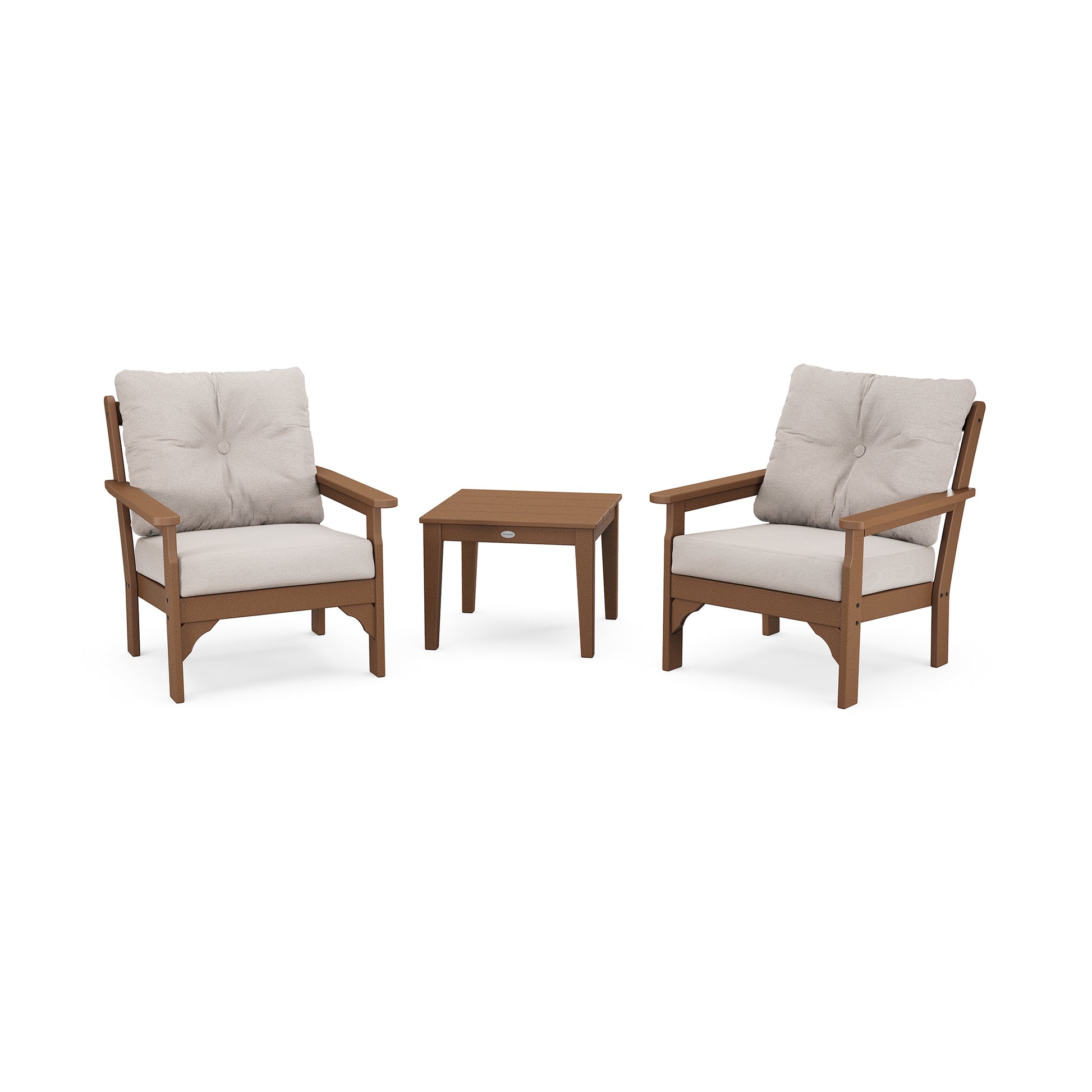 Two POLYWOOD Vineyard beige upholstered patio chairs with deep seating cushions and brown wooden frames positioned on either side of a matching small square wooden table, all against a plain white background.