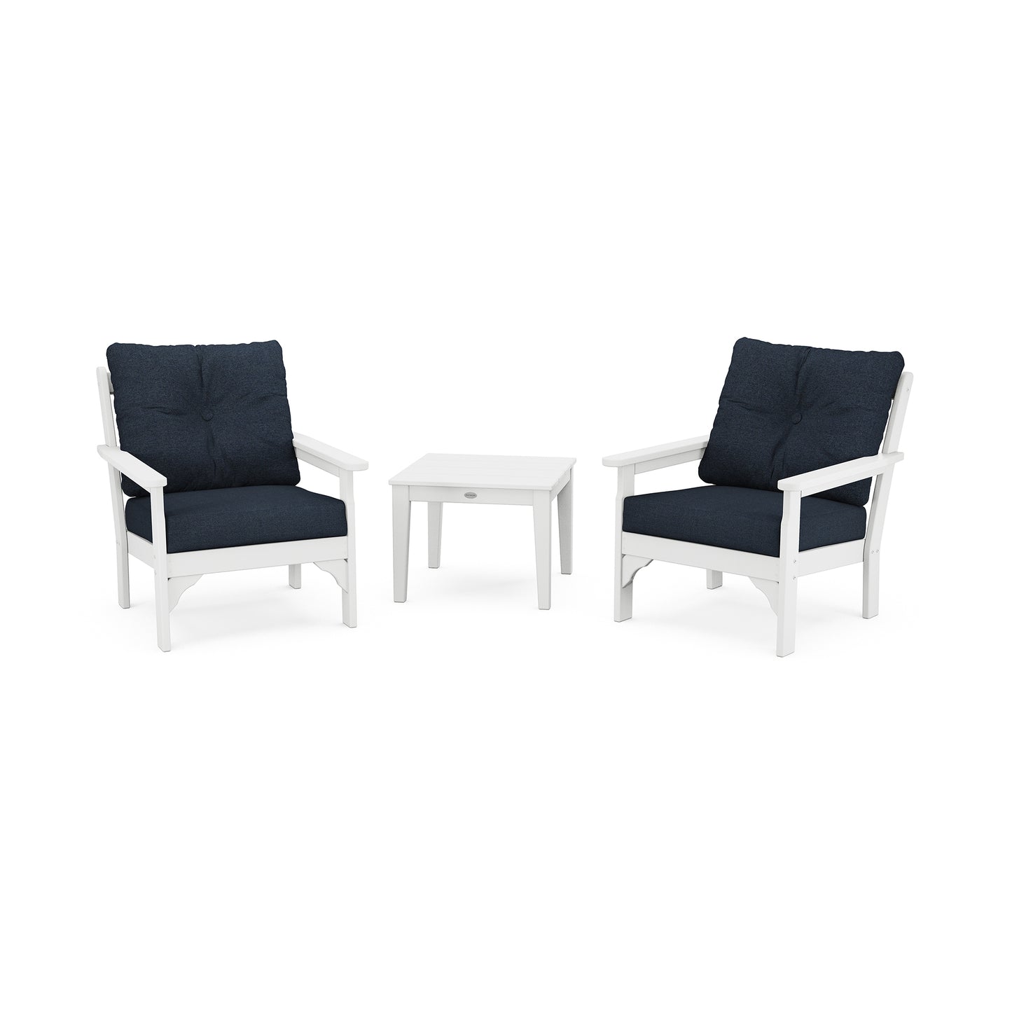 Two white outdoor chairs crafted from POLYWOOD® lumber, with deep seating cushions, and a small matching white table set against a white background from the POLYWOOD Vineyard 3-Piece Deep Seating Set.