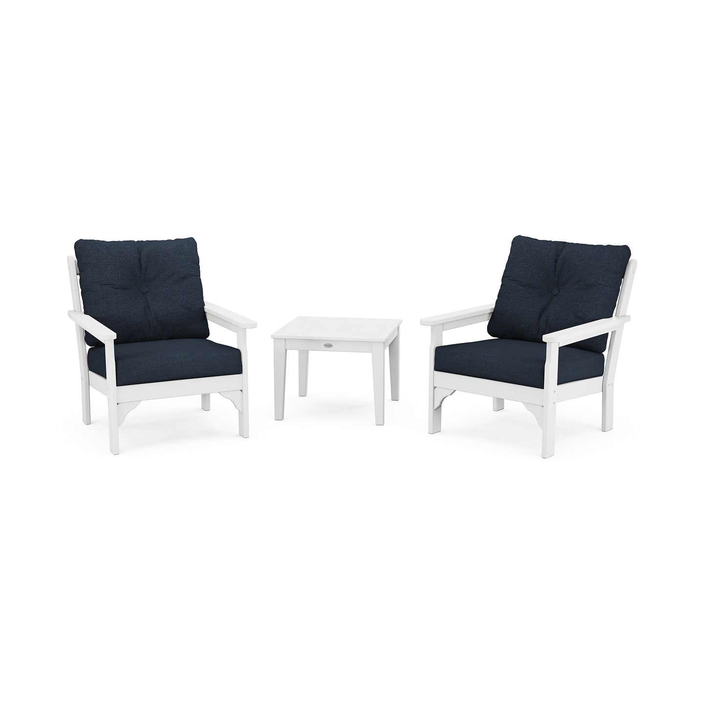 POLYWOOD Vineyard 3-Piece Deep Seating Set showcasing elegant white armchairs with chic dark cushions.