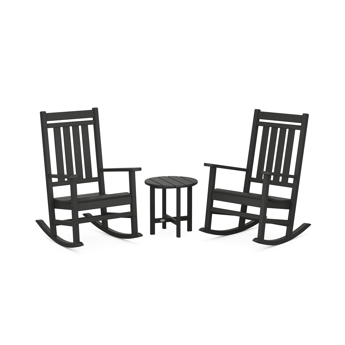 POLYWOOD Estate 3-Piece Rocking Chair Set with two black rockers and a round table.