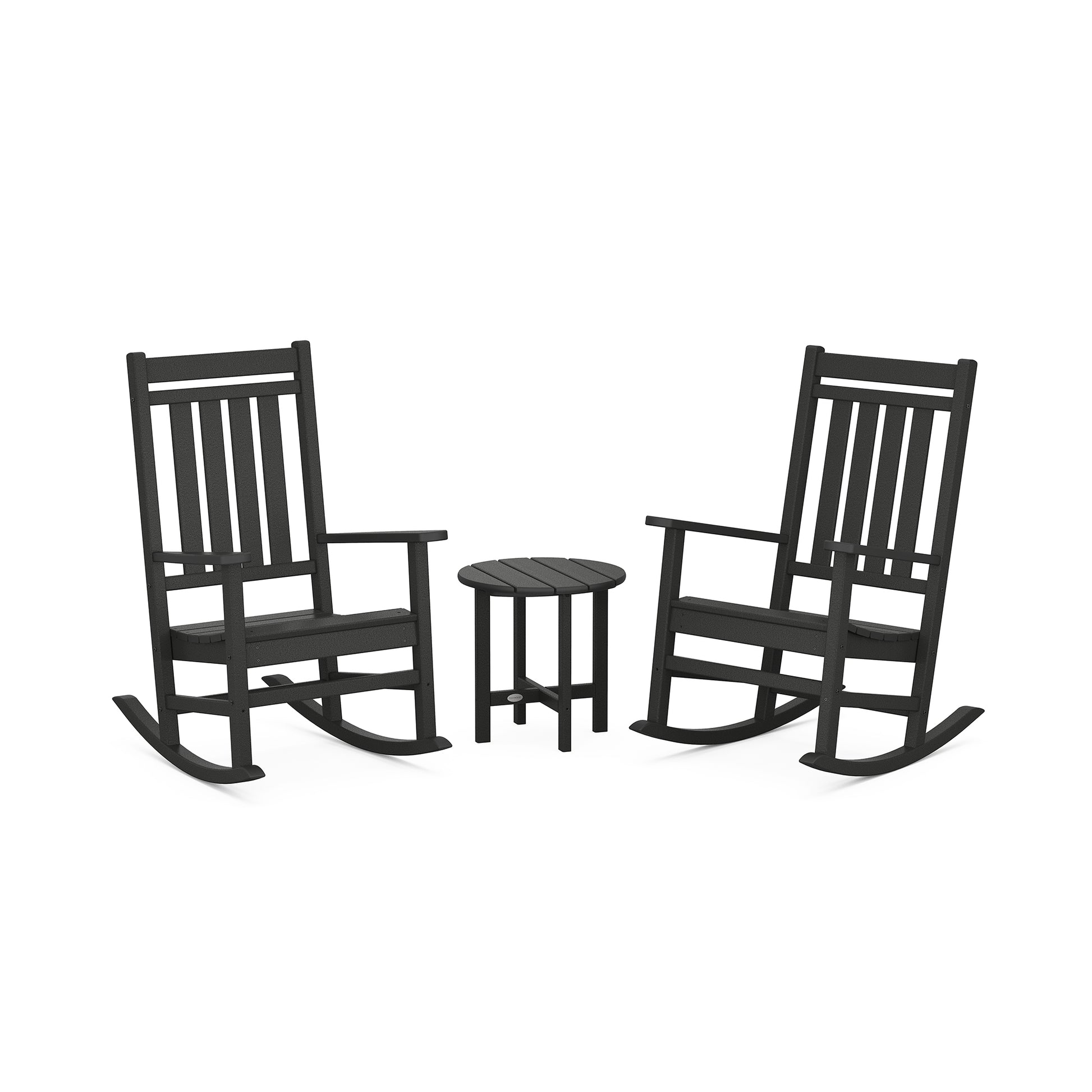 POLYWOOD Estate 3-Piece Rocking Chair Set with two black rockers and a round table.