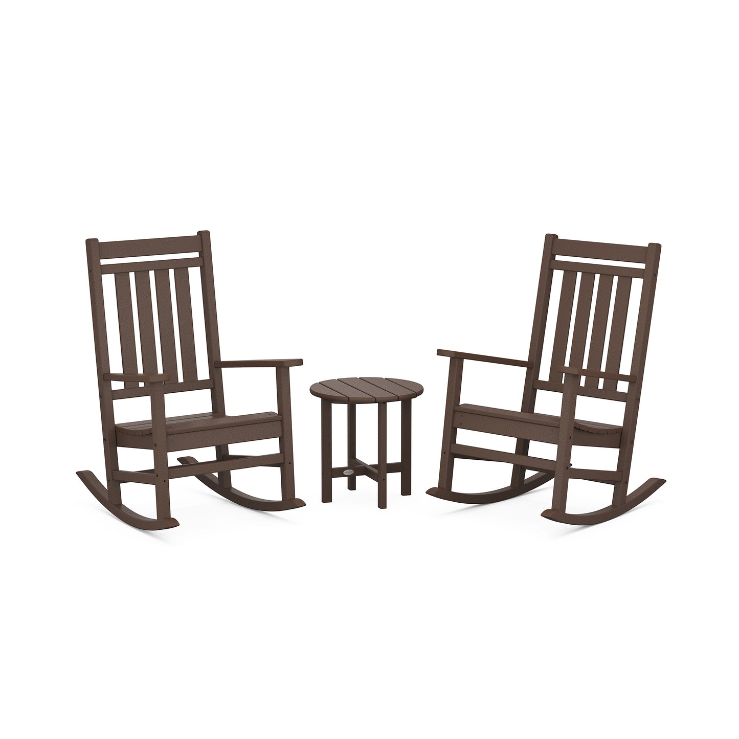 POLYWOOD Estate 3-Piece Rocking Chair Set showcasing two ergonomic rockers and a small round table.