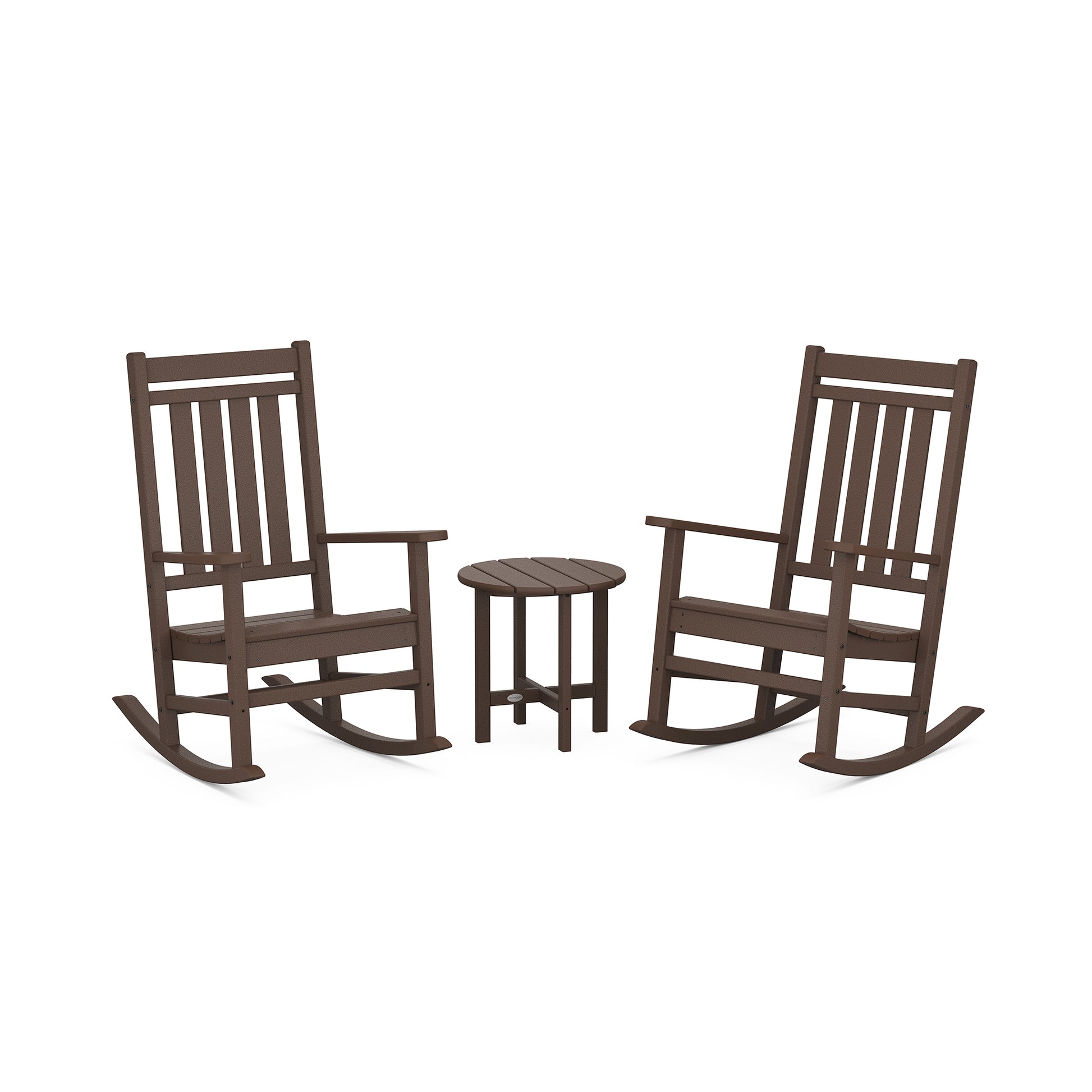 POLYWOOD Estate 3-Piece Rocking Chair Set showcasing two ergonomic rockers and a small round table.