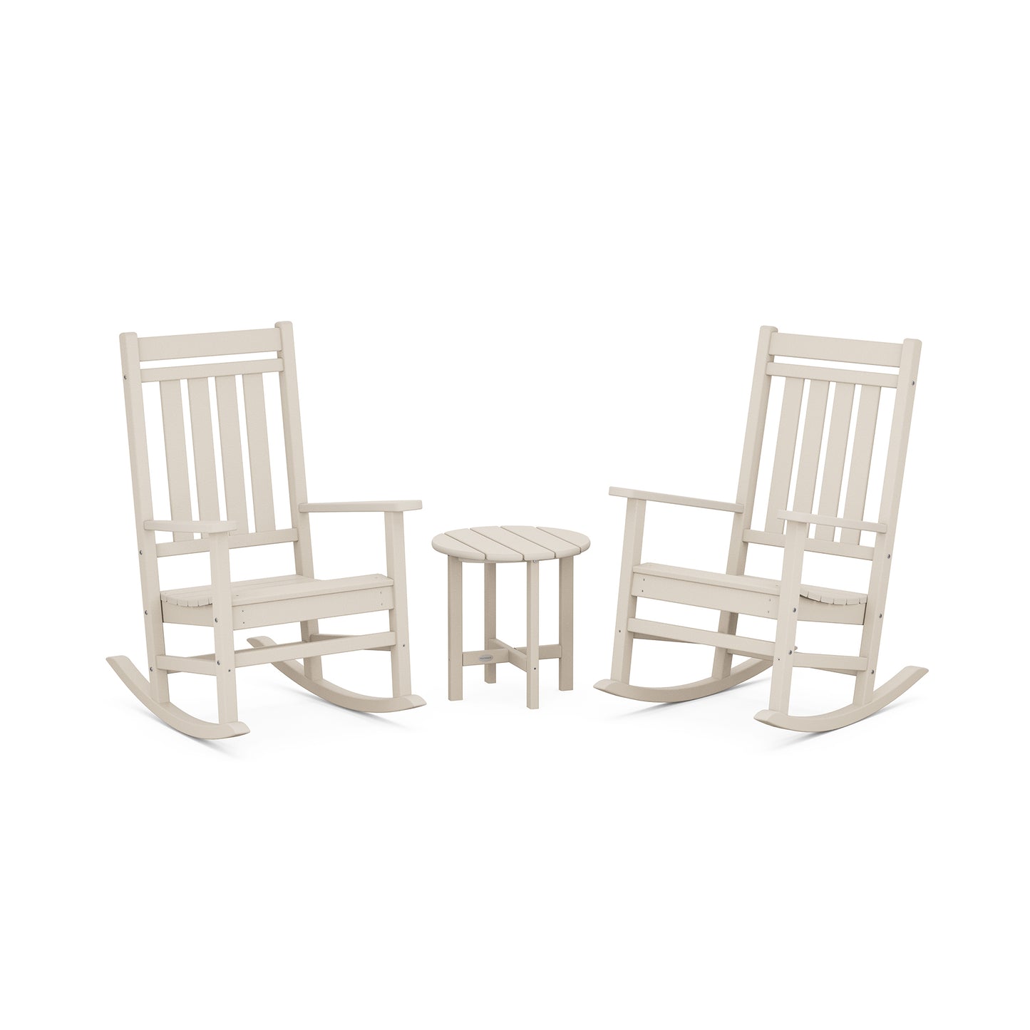 Beige POLYWOOD Estate Rocking Chair Set with round table, featuring two rockers for outdoor relaxation.
