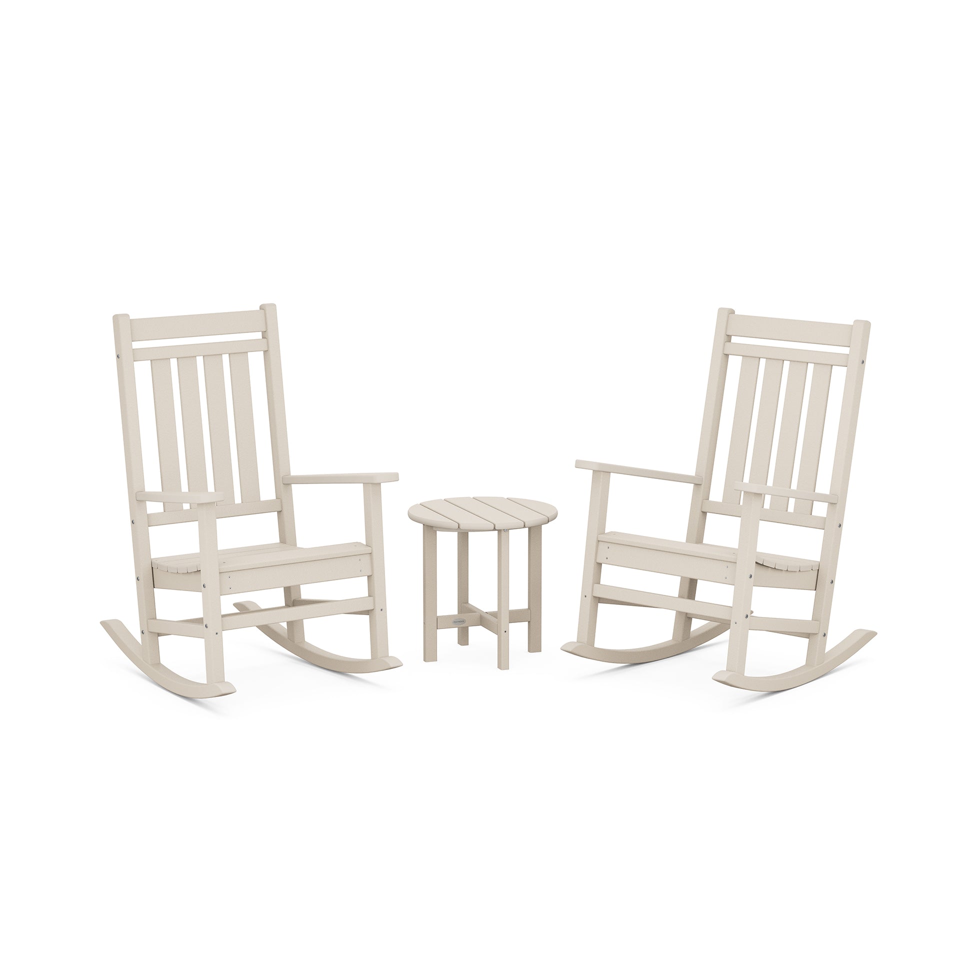 Beige POLYWOOD Estate Rocking Chair Set with round table, featuring two rockers for outdoor relaxation.