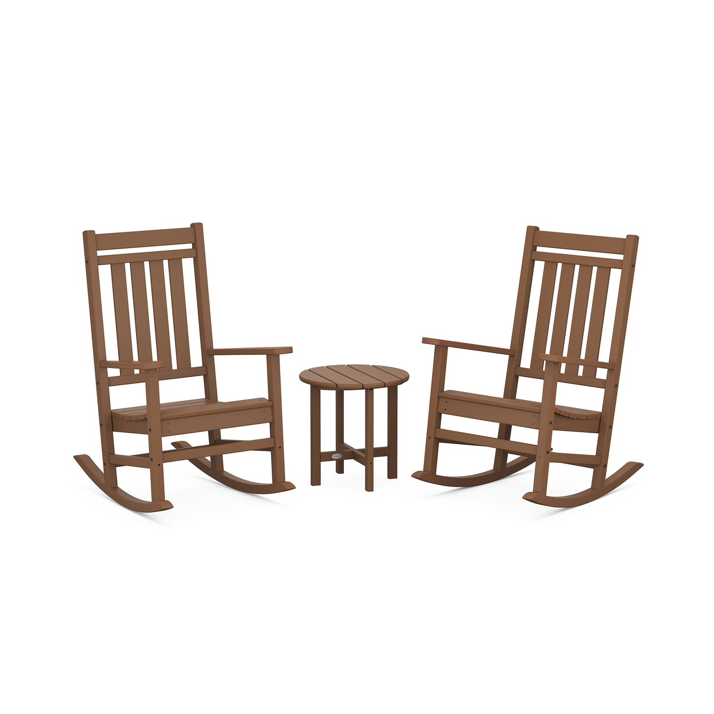 POLYWOOD Estate 3-Piece Rocking Chair Set with two rocking chairs and a small round table.
