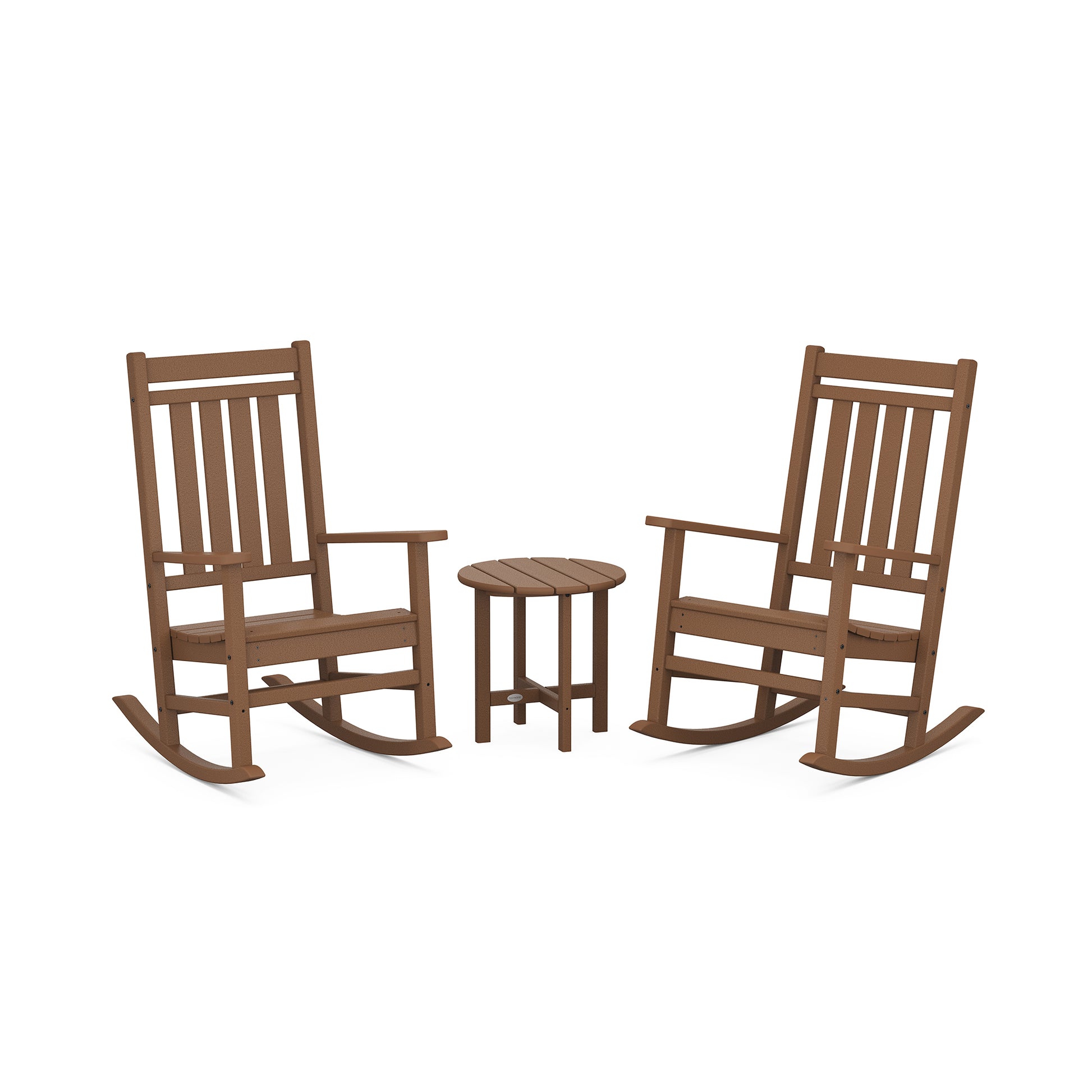 POLYWOOD Estate 3-Piece Rocking Chair Set with two rocking chairs and a small round table.