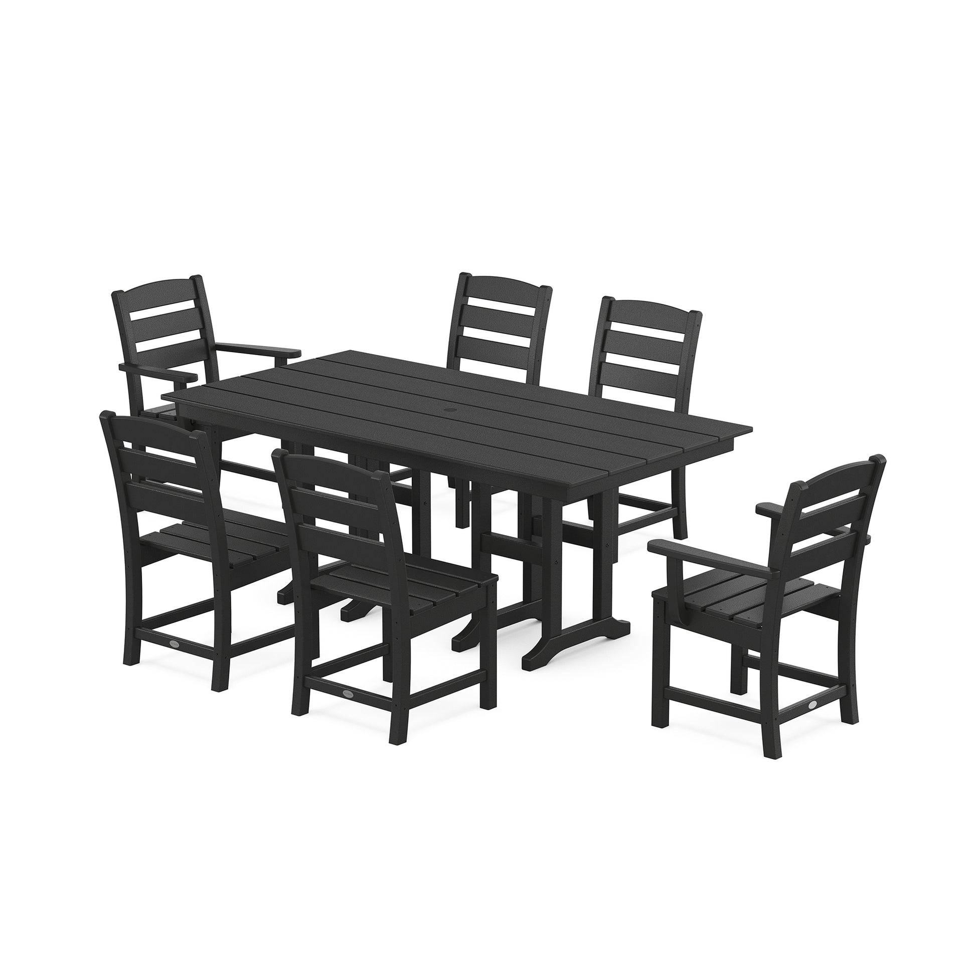A modern black weather-resistant POLYWOOD Lakeside 7-Piece Farmhouse dining set consisting of a rectangular table and six matching chairs on a white background.
