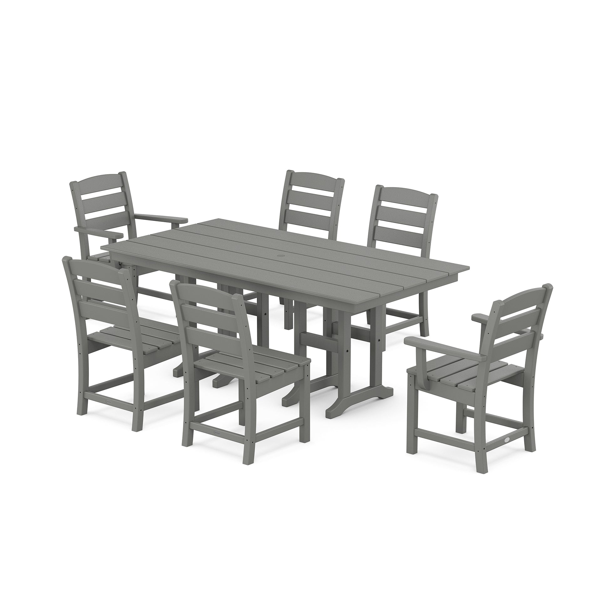 A modern outdoor dining set featuring a rectangular table and six chairs, all made of gray weather-resistant synthetic material, arranged on a plain light background. The set is the POLYWOOD Lakeside 7-Piece Farmhouse Dining Set.