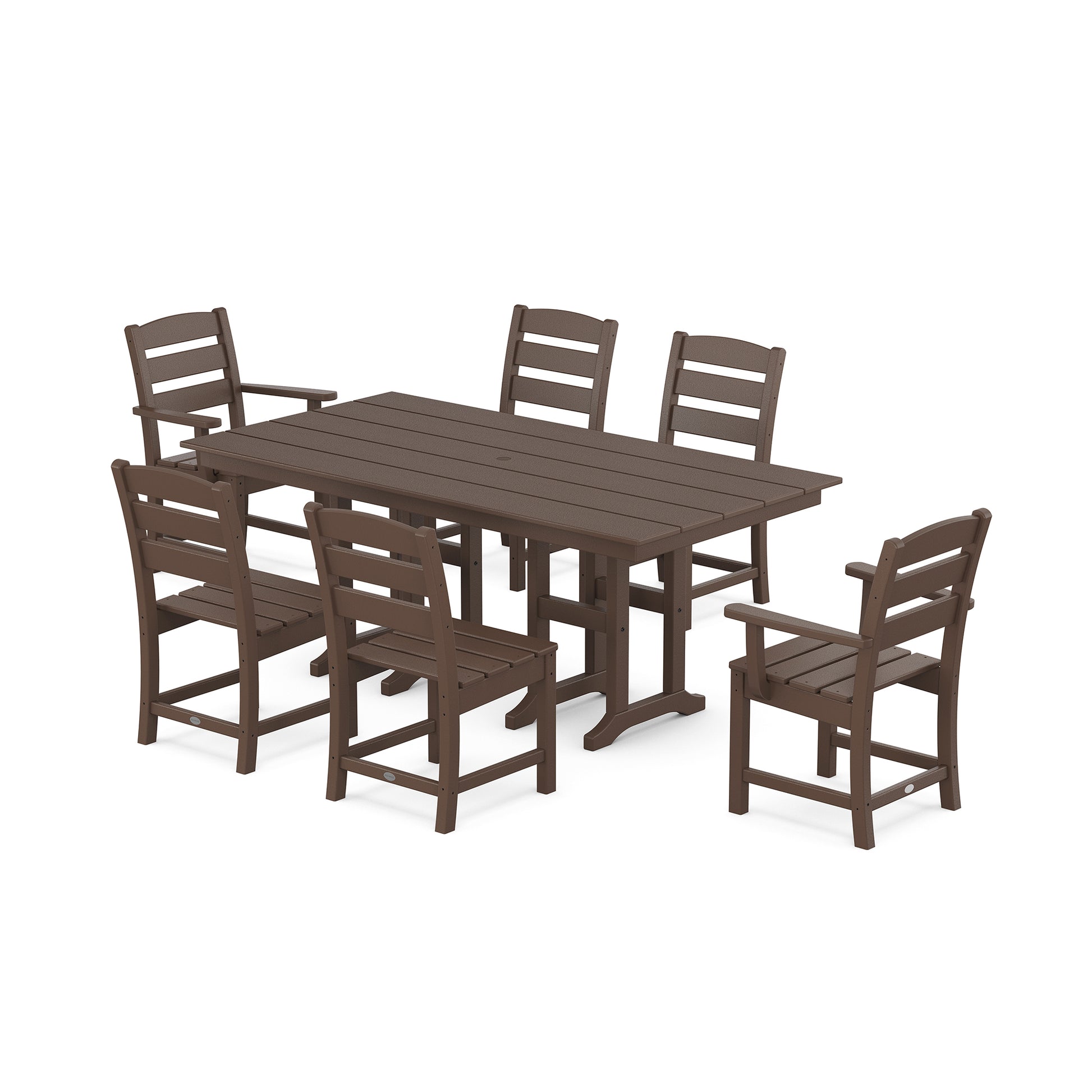 A rectangular, brown POLYWOOD Lakeside 7-Piece Farmhouse Dining Set with six chairs, isolated on a white background, showcasing a simple, modern design.